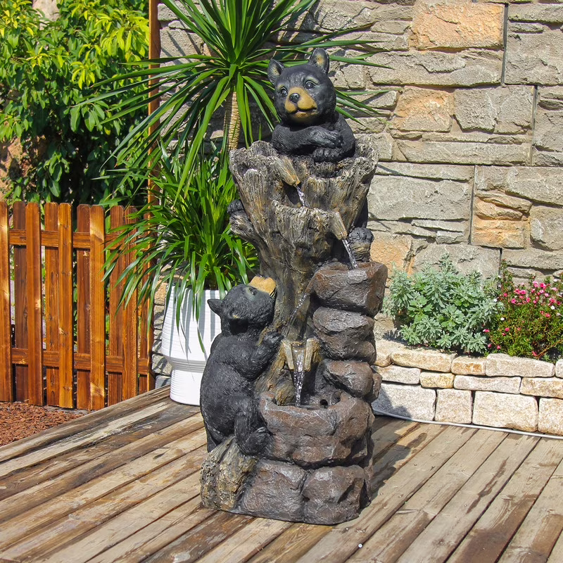 Black Bear Tree Climb 5-Tier Garden Fountain �C 40.16 Rustic Outdoor D��cor