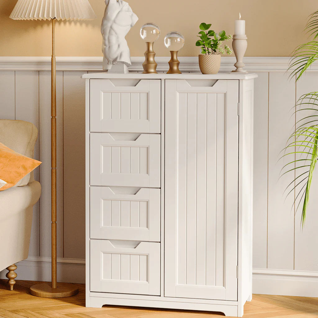 33 5 "H Wooden Bathroom Floor Cabinet with 4 Drawers and 1 Door for Bathroom, Kitchen, Bedroom White Image 9