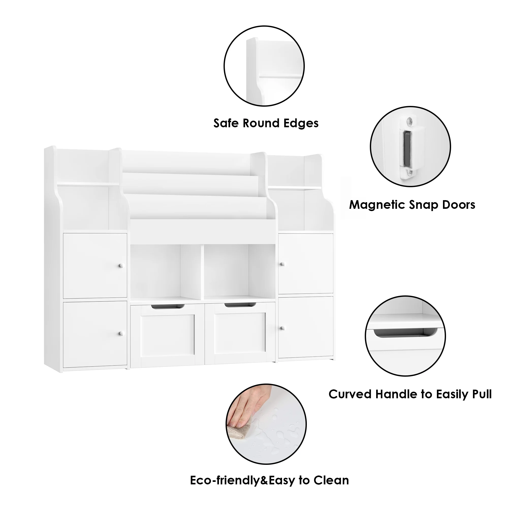 4 Doors Kids Bookcase with 3 Tier Book Racks 2 Mobile Drawers, 4 Cube Bookshelves Toy Storage Organizer for Playroom Kids Room, White(White) - Image 10