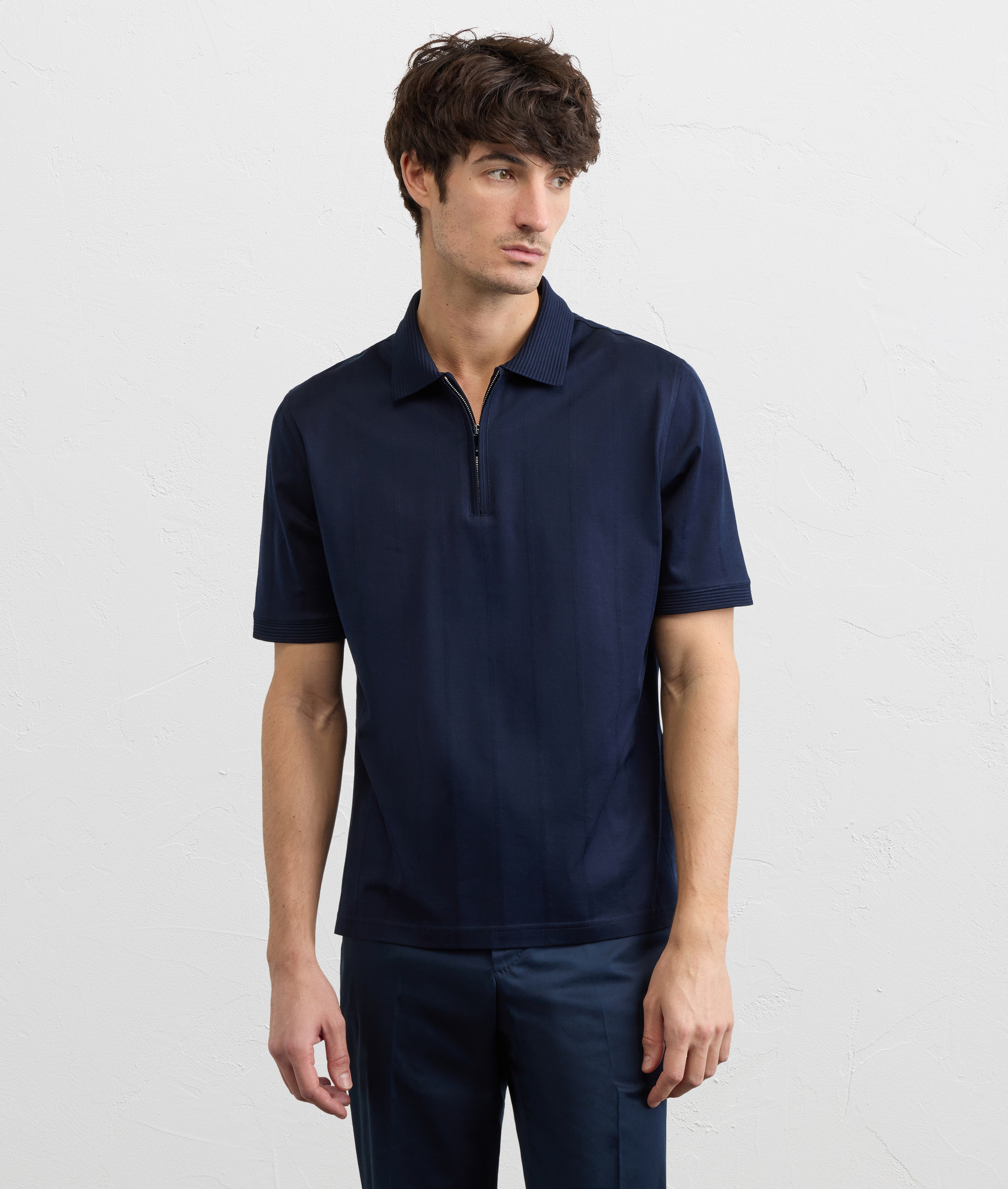 NAVY BLUE COTTON JERSEY POLO SHIRT WITH ZIP AND OTTOMAN COLLAR AND SLEEVES