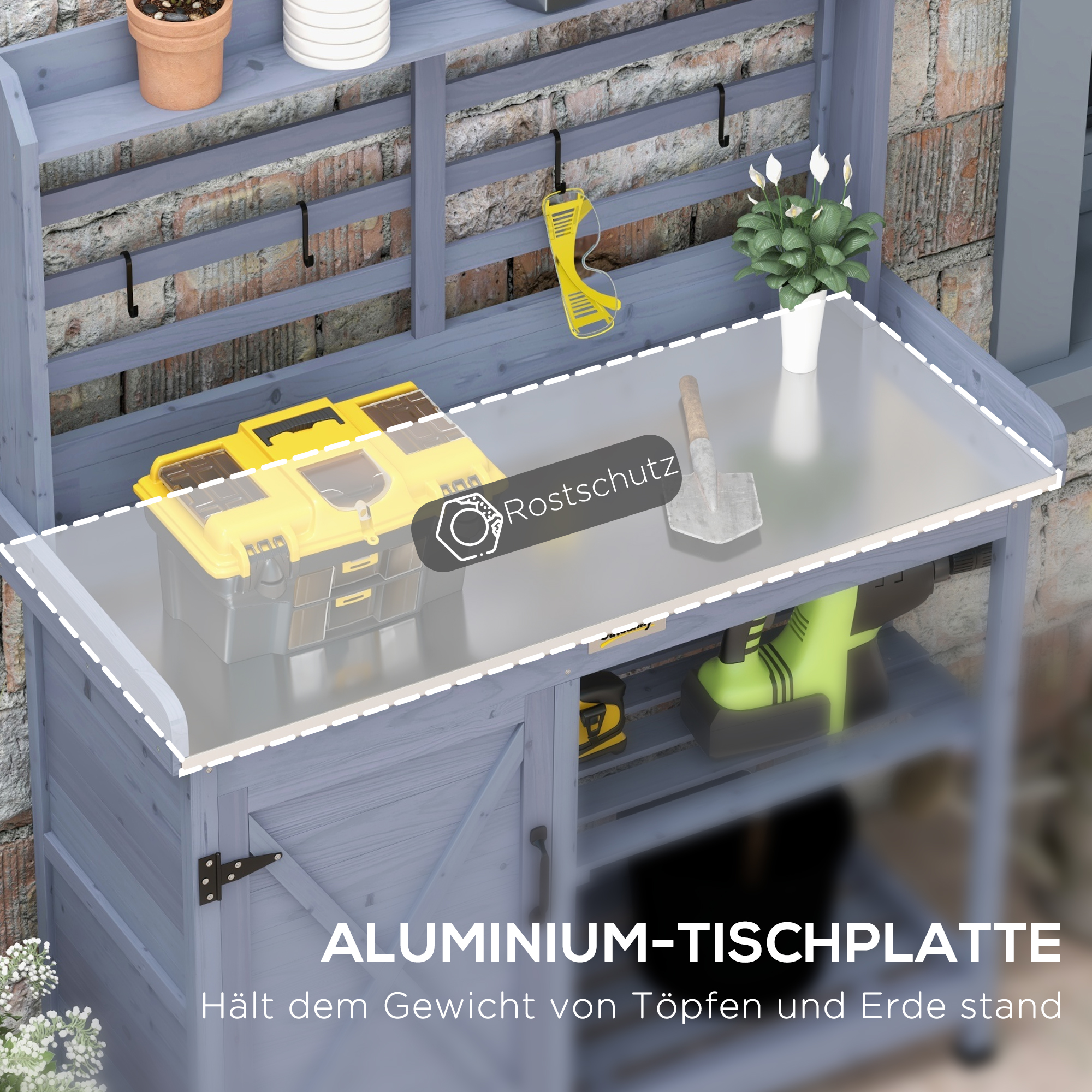 Outsunny Tuinset met opbergkast, aluminium werkblad, opbergruimte, 112x47x146cm, Grijs