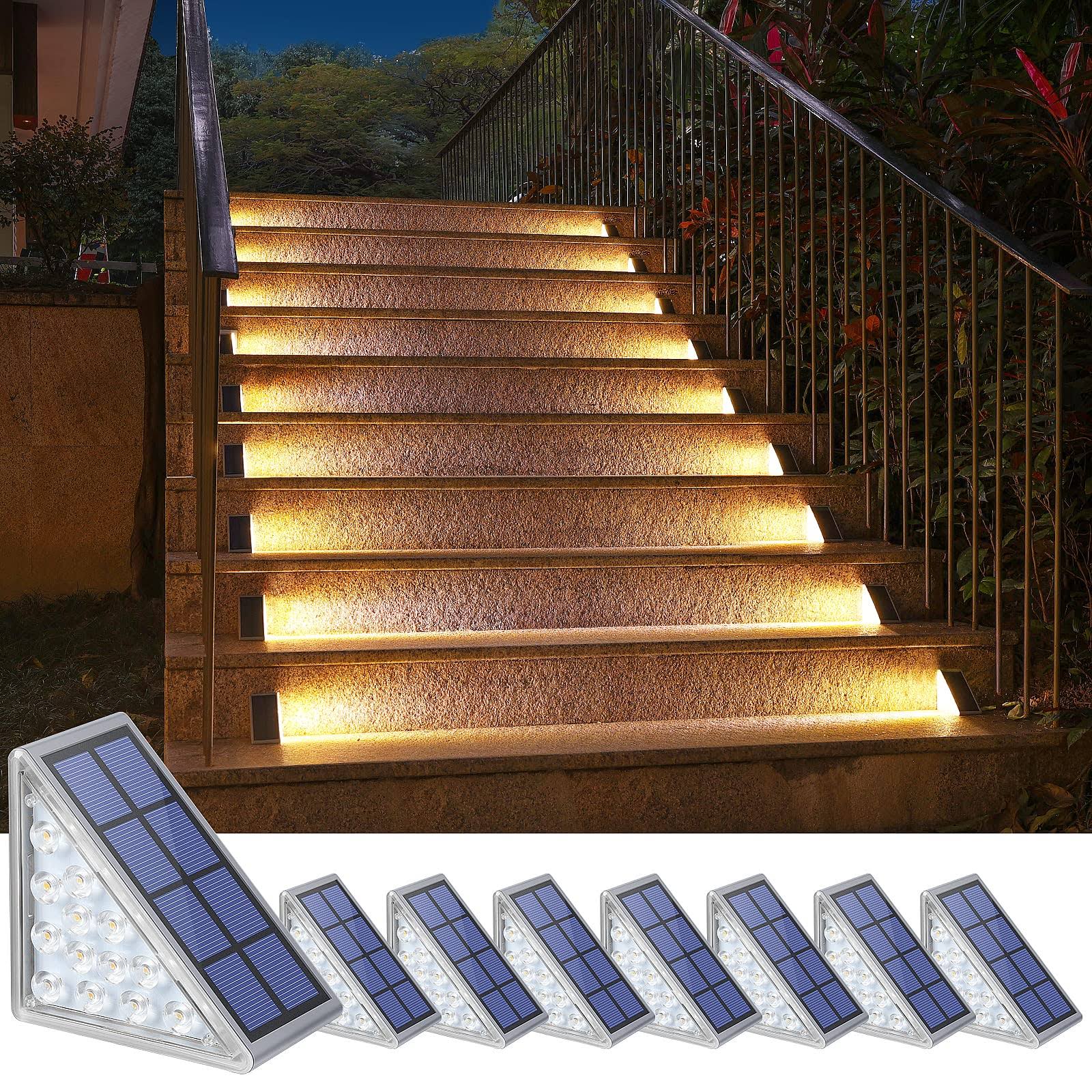 NIORSUN Solar Step Lights, 8 Pack Outdoor Stair Lights Warm White Triangle Solar Deck Lights IP67 Waterproof Auto on Off Decoration Lights for Stair