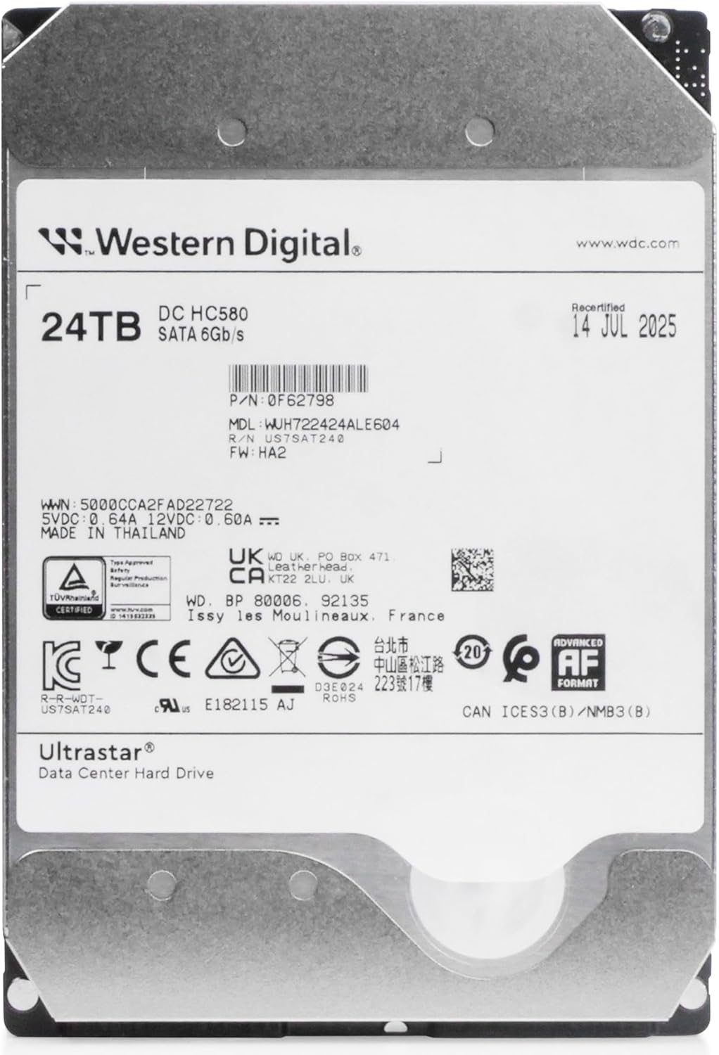 Western Digital Ultrastar DC HC580 WUH722424ALE604 0F62798 24TB 7.2K RPM SATA 6Gb/s 512e 3.5in Enterprise Hard Drive (Renewed)