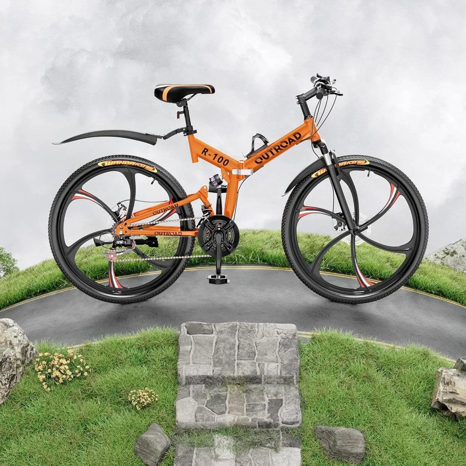 SUNCROWN 26 Inch Folding Mountain Bike, 21 Speed Full Suspension High-Carbon Steel MTB Foldable Bicycle, Dual Disc Brake Non-Slip Folding Bikes for Adults/Men/Women, Black
