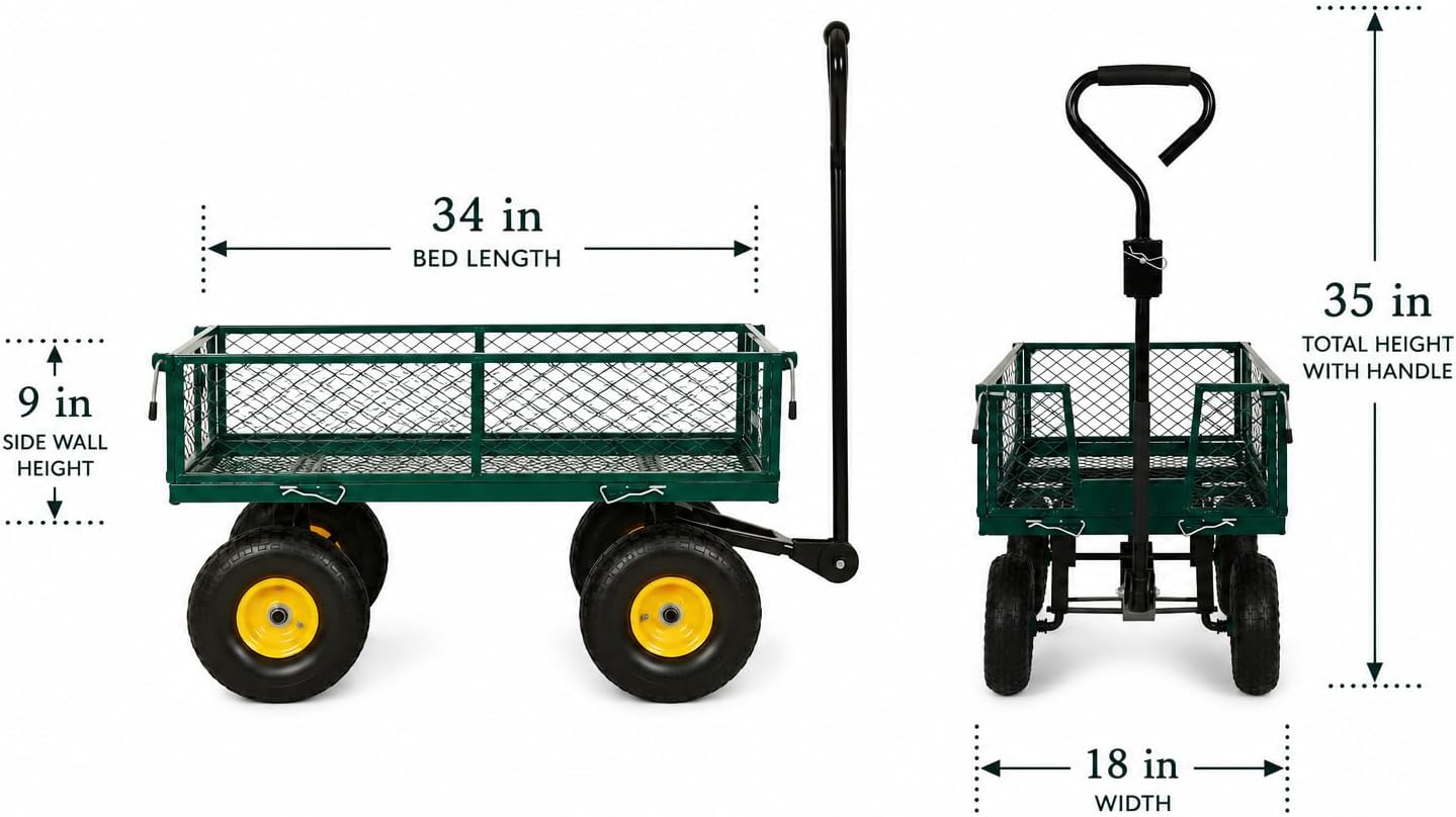 Backyard Expressions Heavy Duty Garden Cart 400 lb Utility Wagon Cart with Removable Mesh Sides, Powder-Coated Steel Bed, Pneumatic Tires, Pull Handle Yard Cart