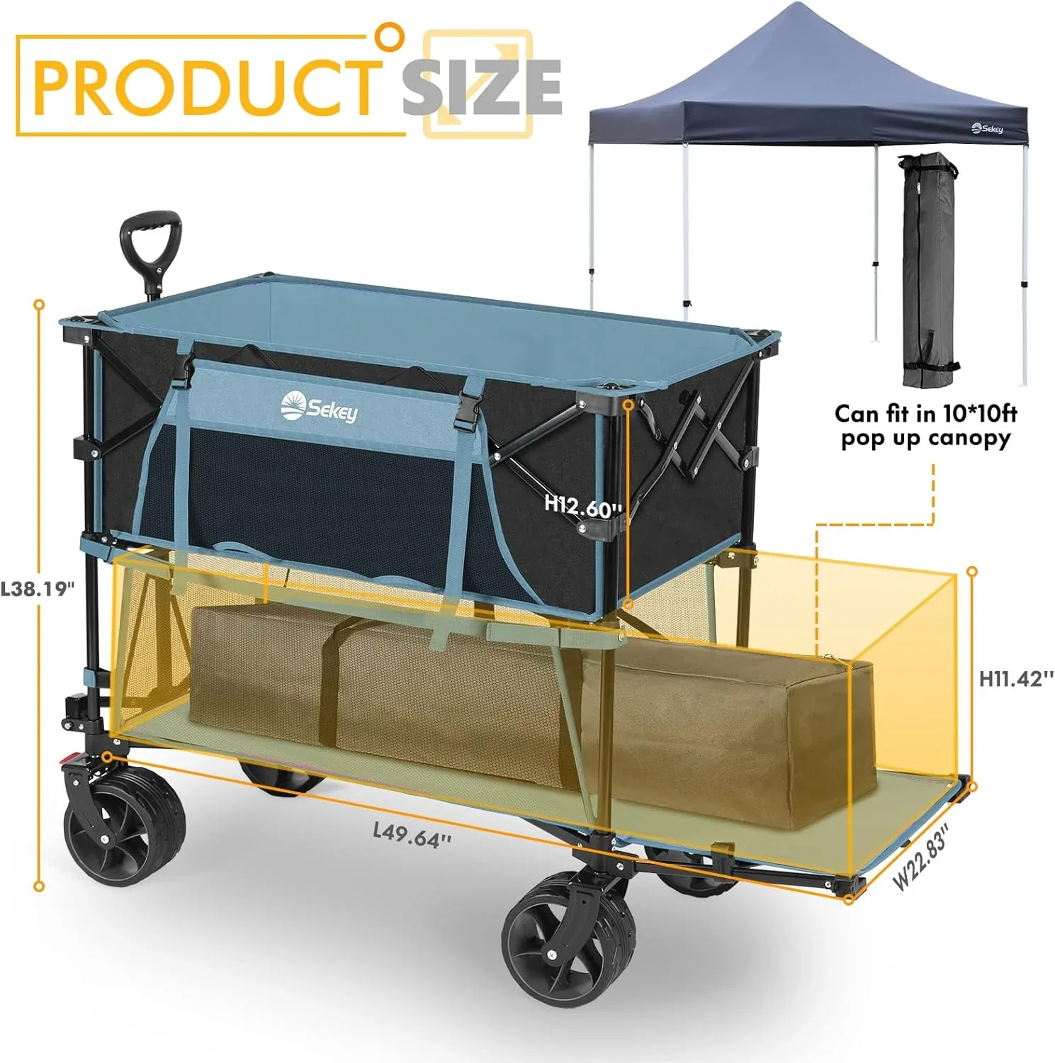 Chariot pliant à deux étages grande capacité 400 L avec freins et rallonge extra longue de 50 pouces
