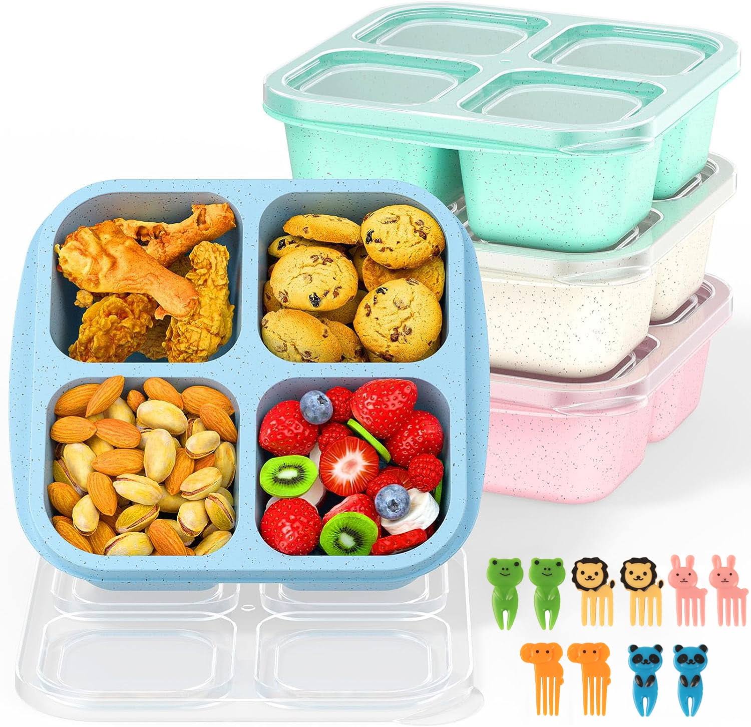 Bento Lunch Box, Reusable Bento Boxes Kids with 4 Compartments & Fork, Lunch Snack Containers for Kids Adults, Divided Food Storage Containers for