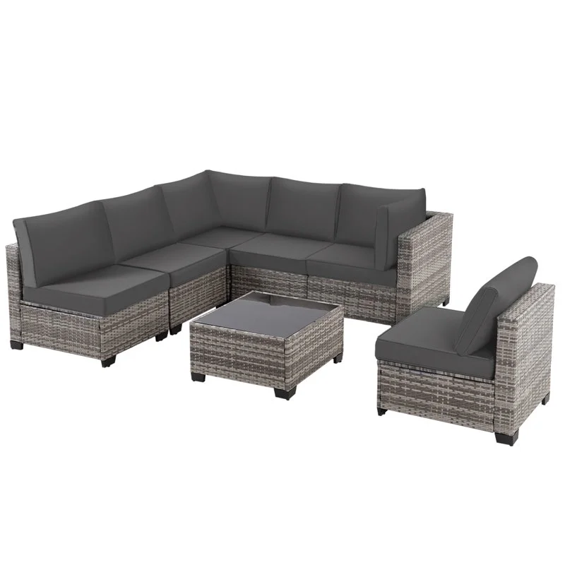 7 Pcs Outdoor Patio Furniture Sofa Set on Sale, Grey Rattan Grey Cushion(7PCS/Grey Rattan/Grey Cushion) - Image 8