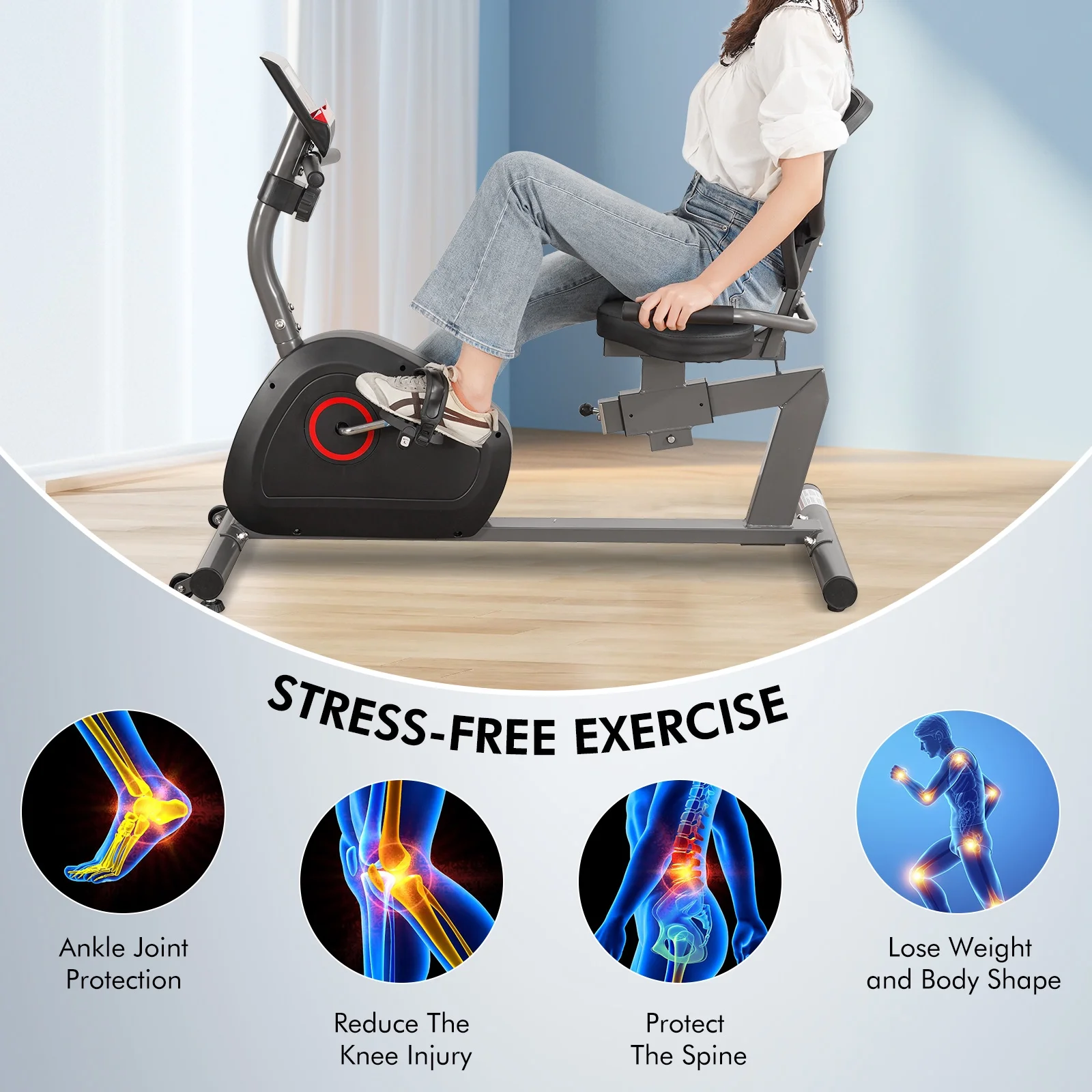 Maxkare Recumbent Exercise Bike for Home Stationary Bike Sturdy Quiet 8 Levels Recumbent Bikes Large Comfortable Seat Heart Rate Handle & Ipad Holder for Gym Seniors Adults