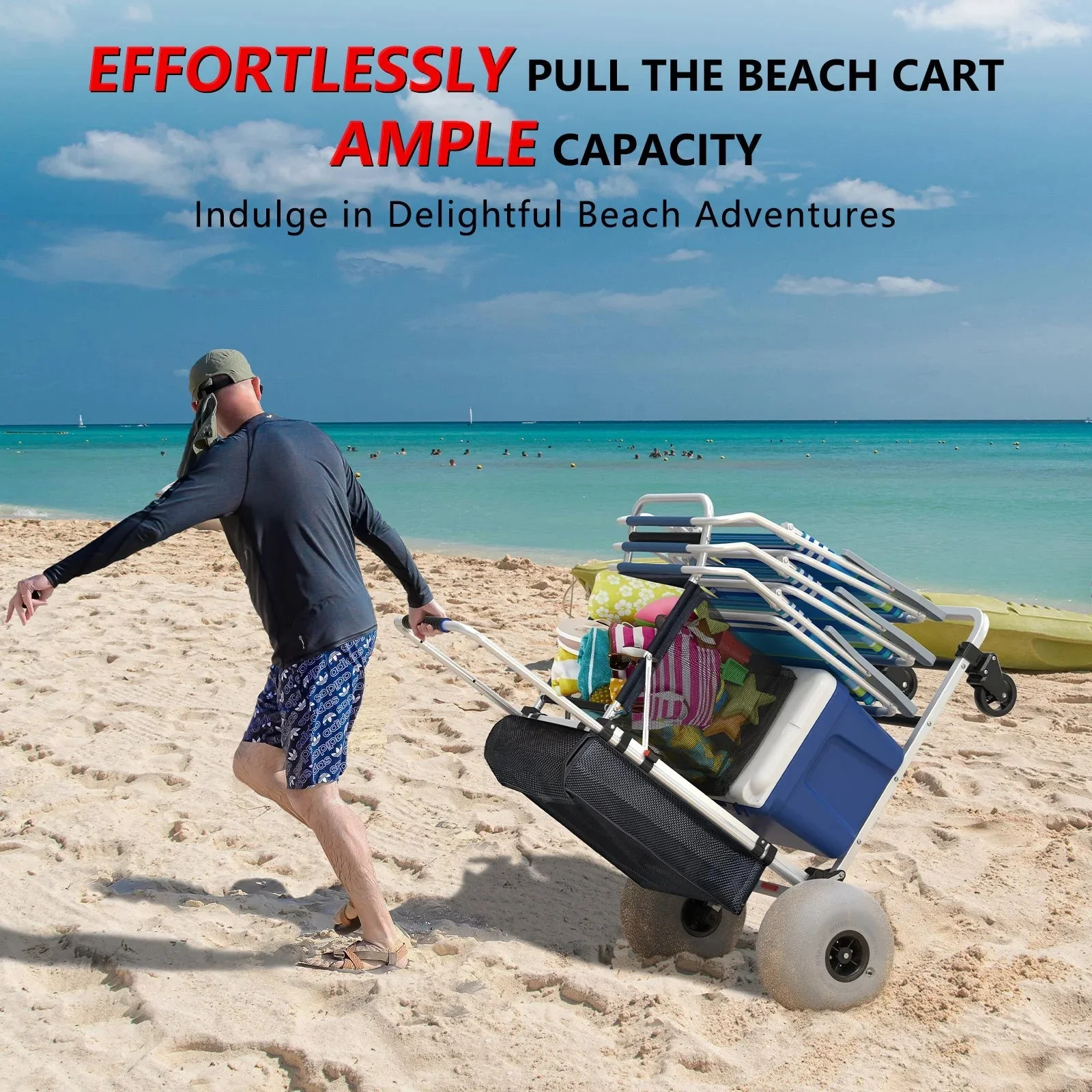 Chariot de plage pliable avec poignée réglable et roues ballons de 30 cm (12 po), en aluminium robuste, capacité de 100 kg (220 lb).
