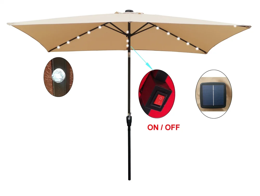 10 x 6.5t Patio Umbrella,Rectangular Picnic Table Umbrella,6-8 Chairs Tilt Umbrella with 26 LED Lights,Waterproof Umbrella Sunshade with Crank and Push Button Tilt for Garden Backyard Pool,LIGHT GREY