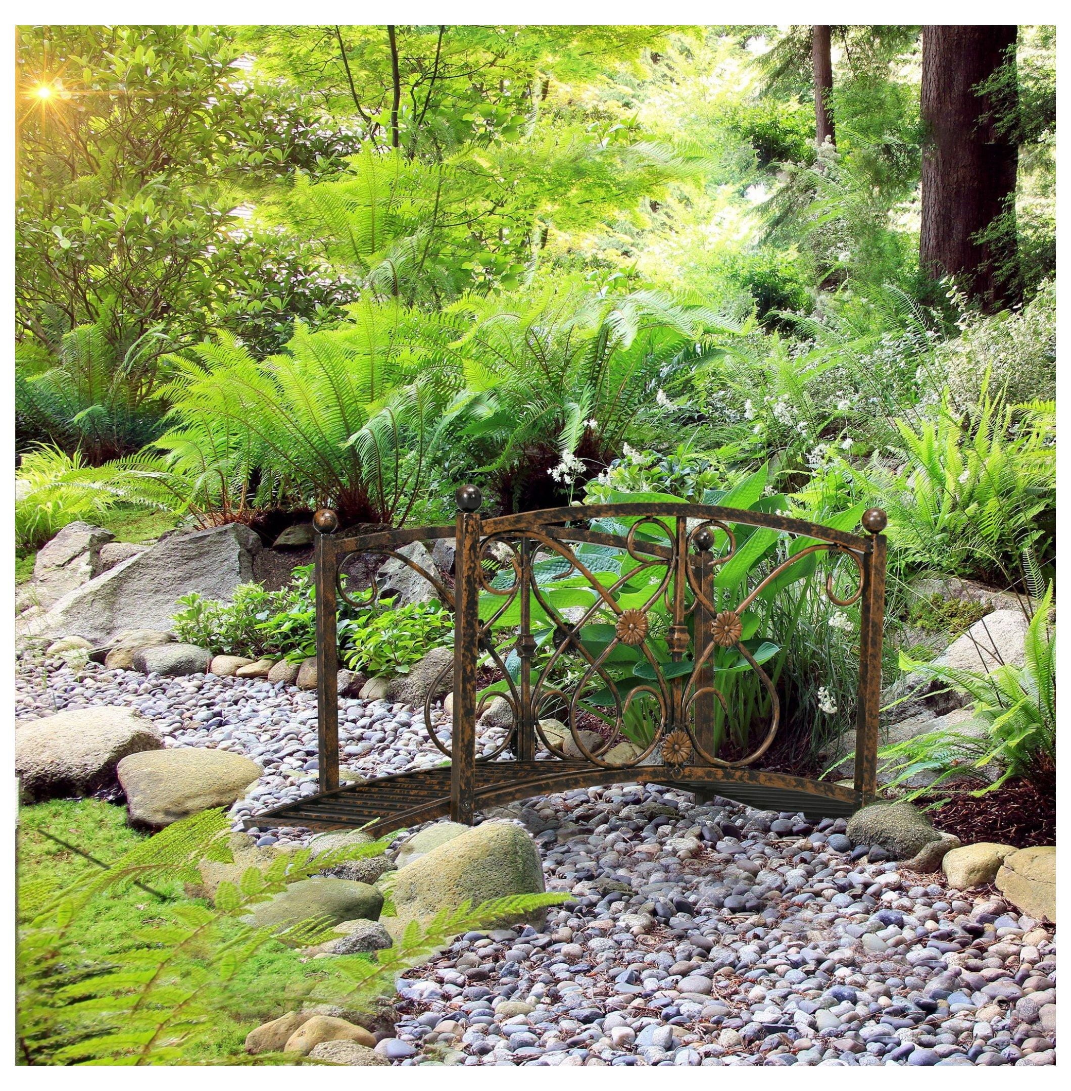 3.3FT Metal Garden Bridge - Decorative Arch Footbridge with Rails, Rust Finish - Outdoor Landscape Decor for Backyard, Pond, Stream