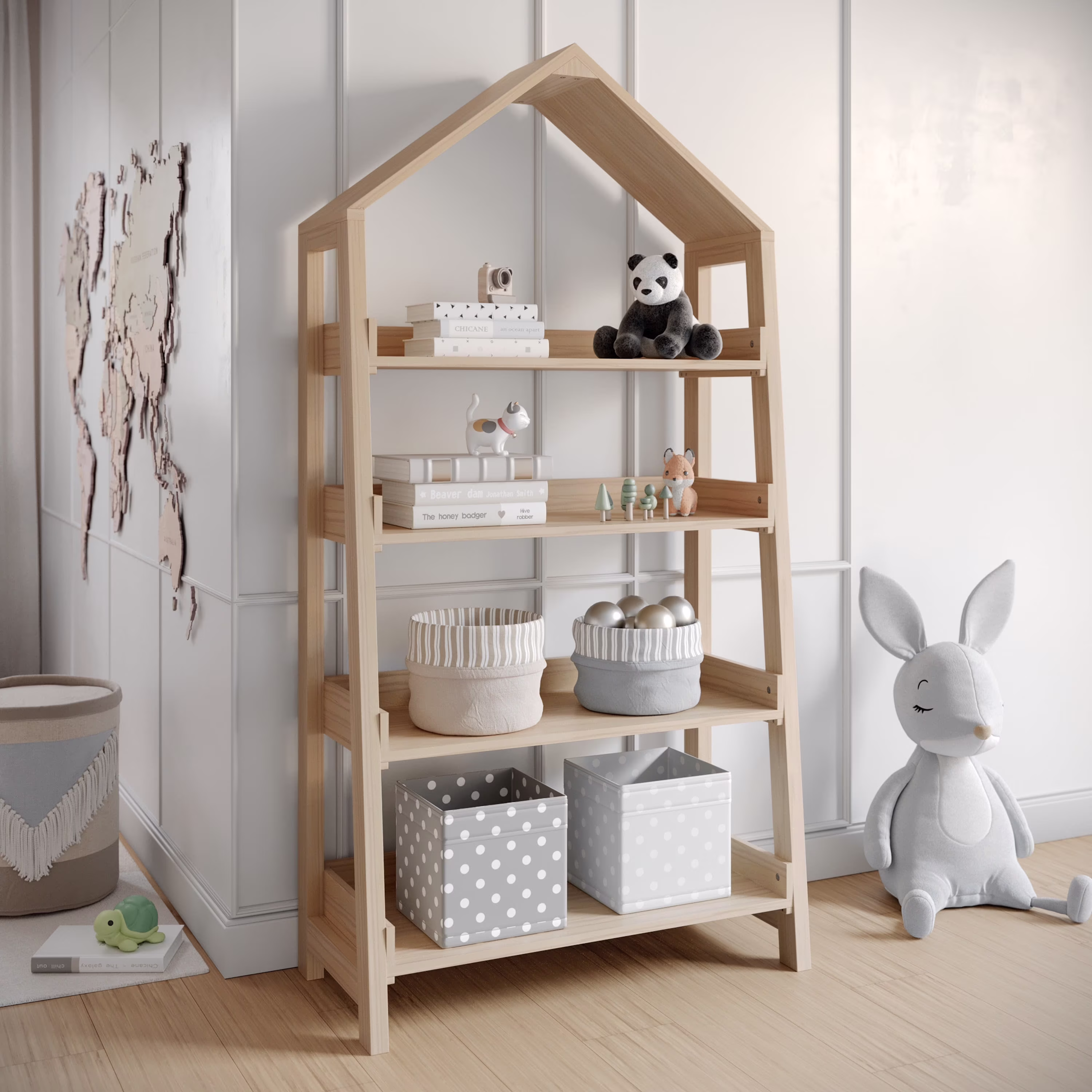 Kids Open-Style Wooden Bookshelf with 4 Shelves and Covered Triangular Top, Natural(Natural)