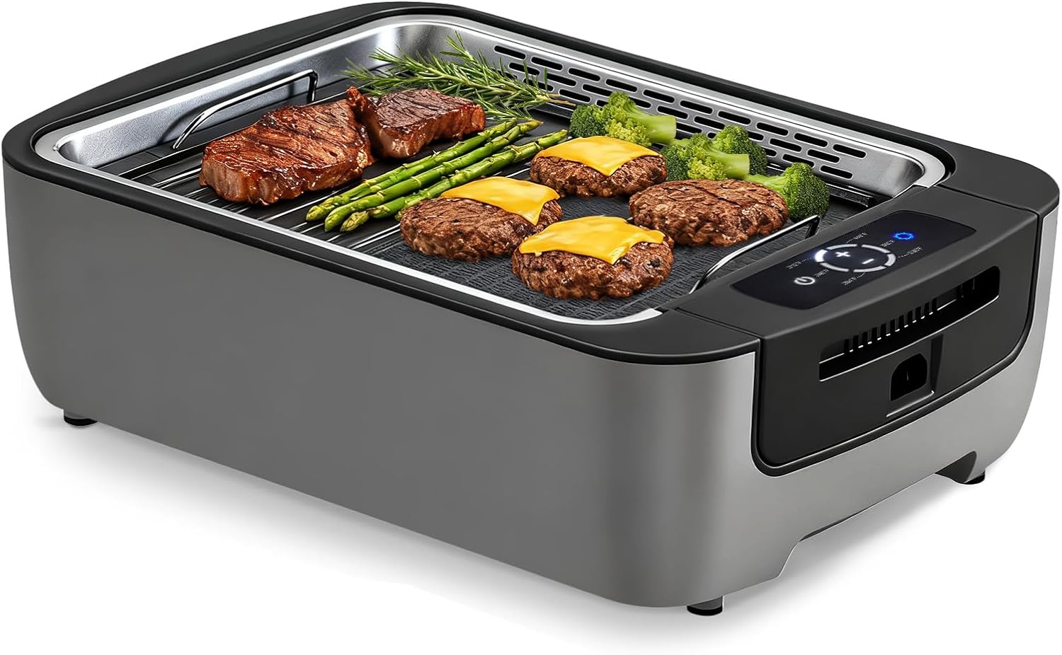Gril d'intérieur sans fumée, gril électrique d'intérieur pour barbecue coréen avec extracteur de fumée double turbo, écran LED intelligent et plaques de cuisson antiadhésives à double zone, contrôle de température à 6 niveaux, compatible lave-vaissel