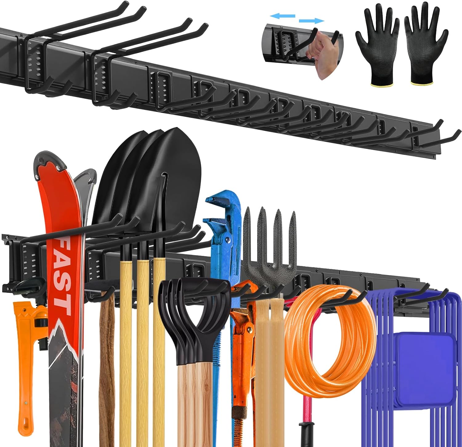 64'' All-Metal Garage Tool Organizer Wall Mount – Heavy-Duty Tool Rack Holds 680 lbs, Adjustable Hooks for Garage, Yard, and Garden Equipment