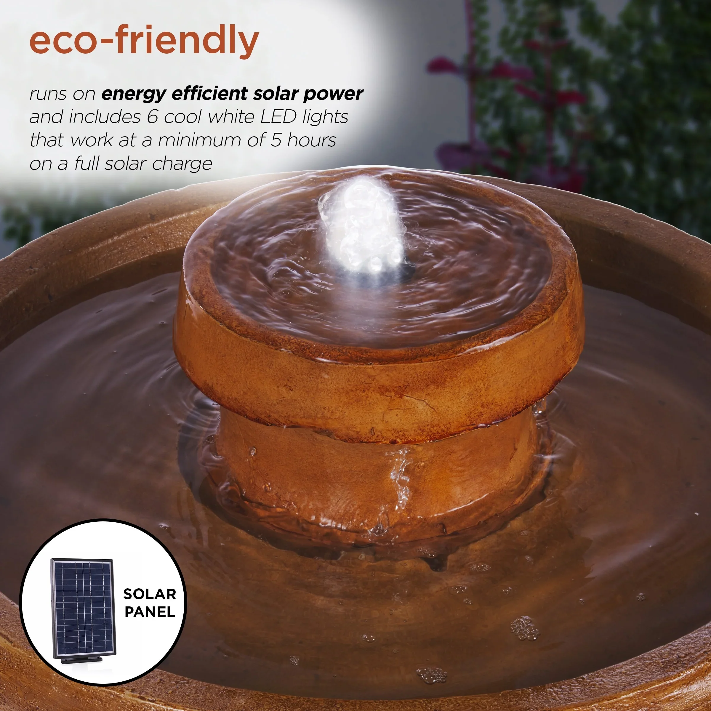Alpine Corporation  29 Outdoor Birdbath Fountain with LED Lights  Classic Pedestal Solar-Powered Garden Water Feature, Brown