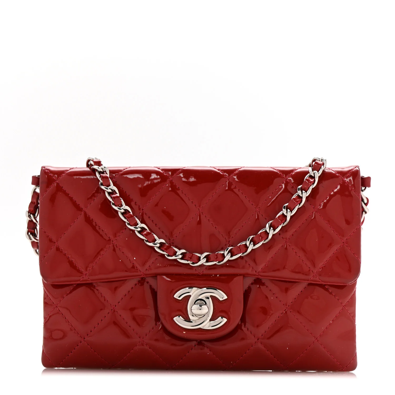 Patent Quilted Mini Flap Clutch With Chain  Red