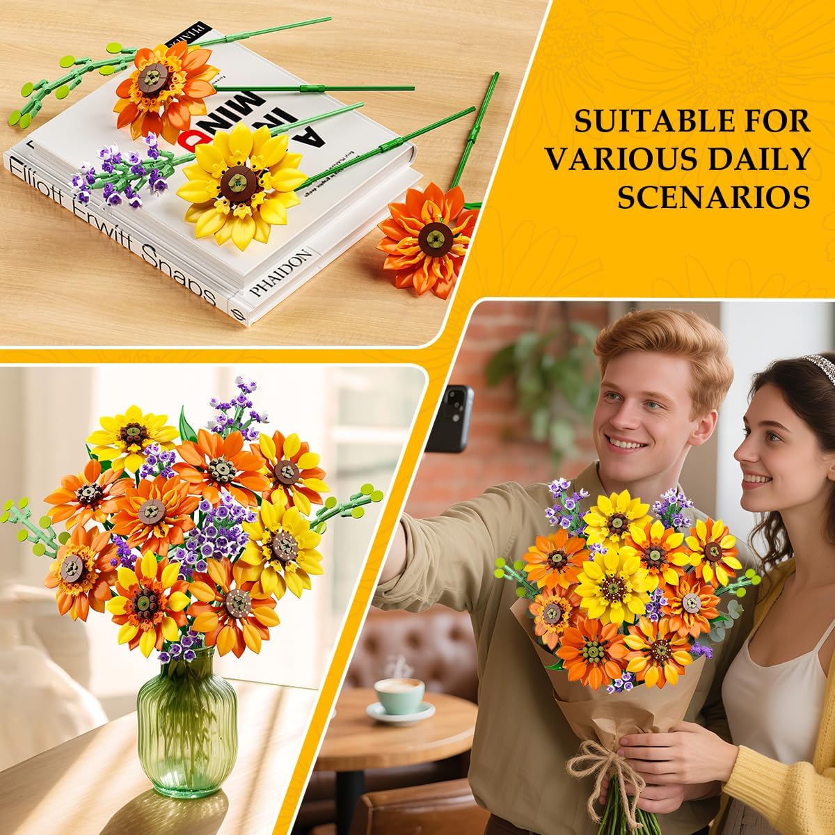 Flowers Sunflower Bouquet Building Set with Lights - 17 Flowers Botanical Collection Artificial Plant Sunflower Building Blocks Art Home Decor Easter Gifts for Adults Women Girl (1011PCS)