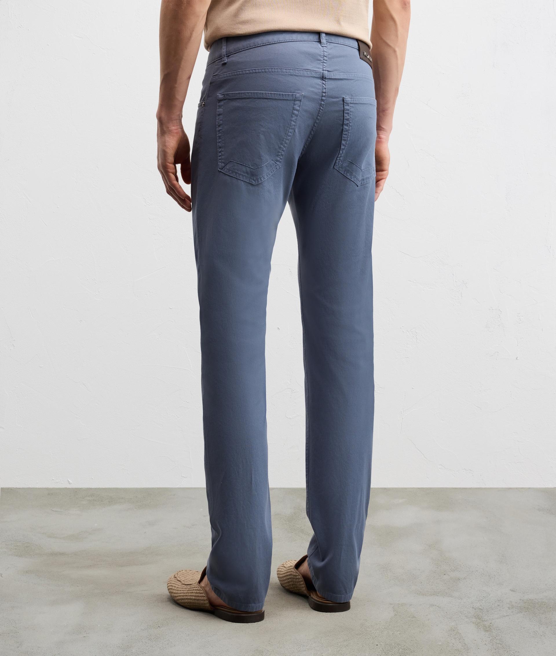 LIGHT BLUE GARMENT DYED COTTON AND ELASTANE FIVE POCKET TROUSERS WITH MICROSTRUCTURE