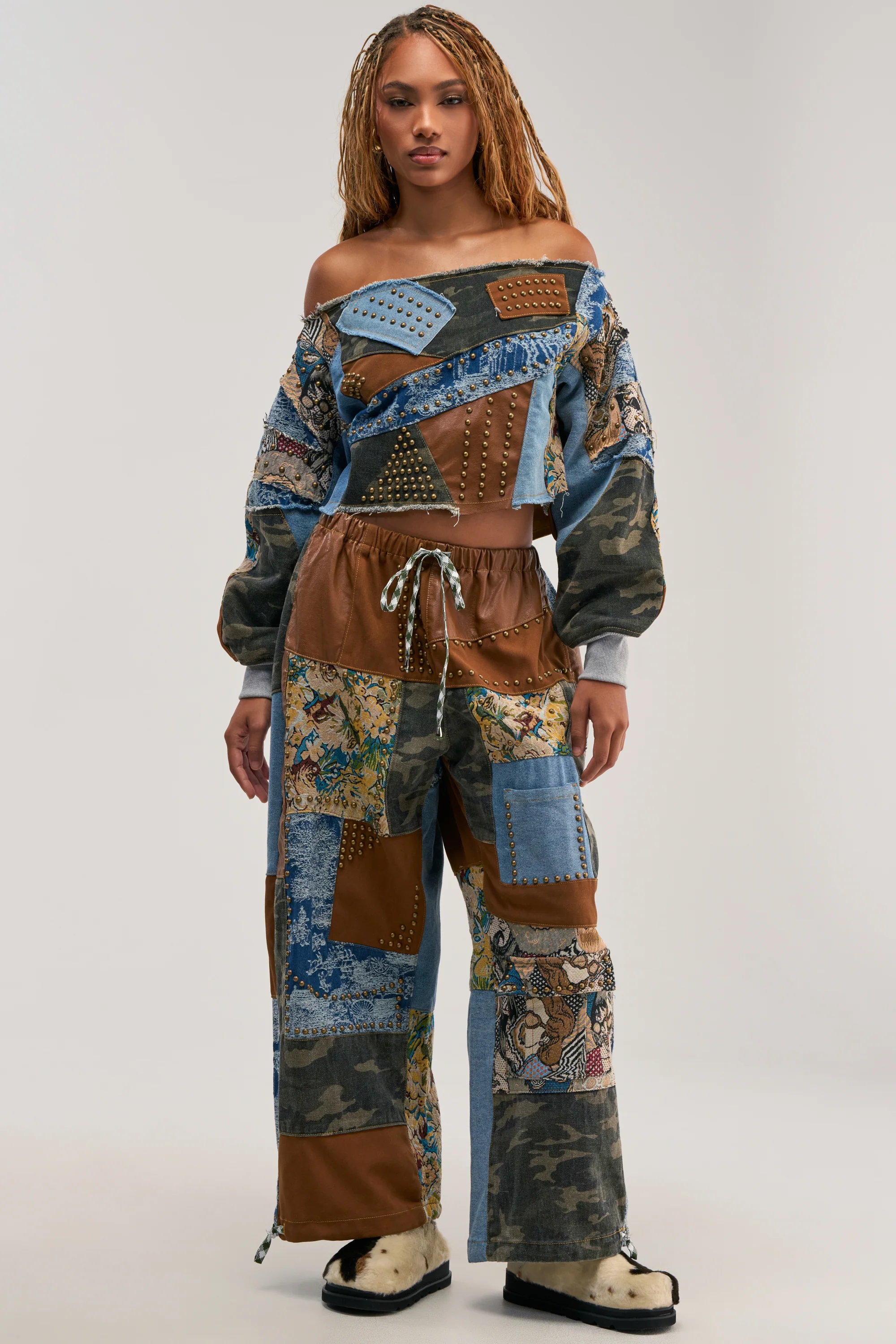 CALL EM CRAZY PATCHWORK JOGGER IN BROWN MULTI - Akira Store