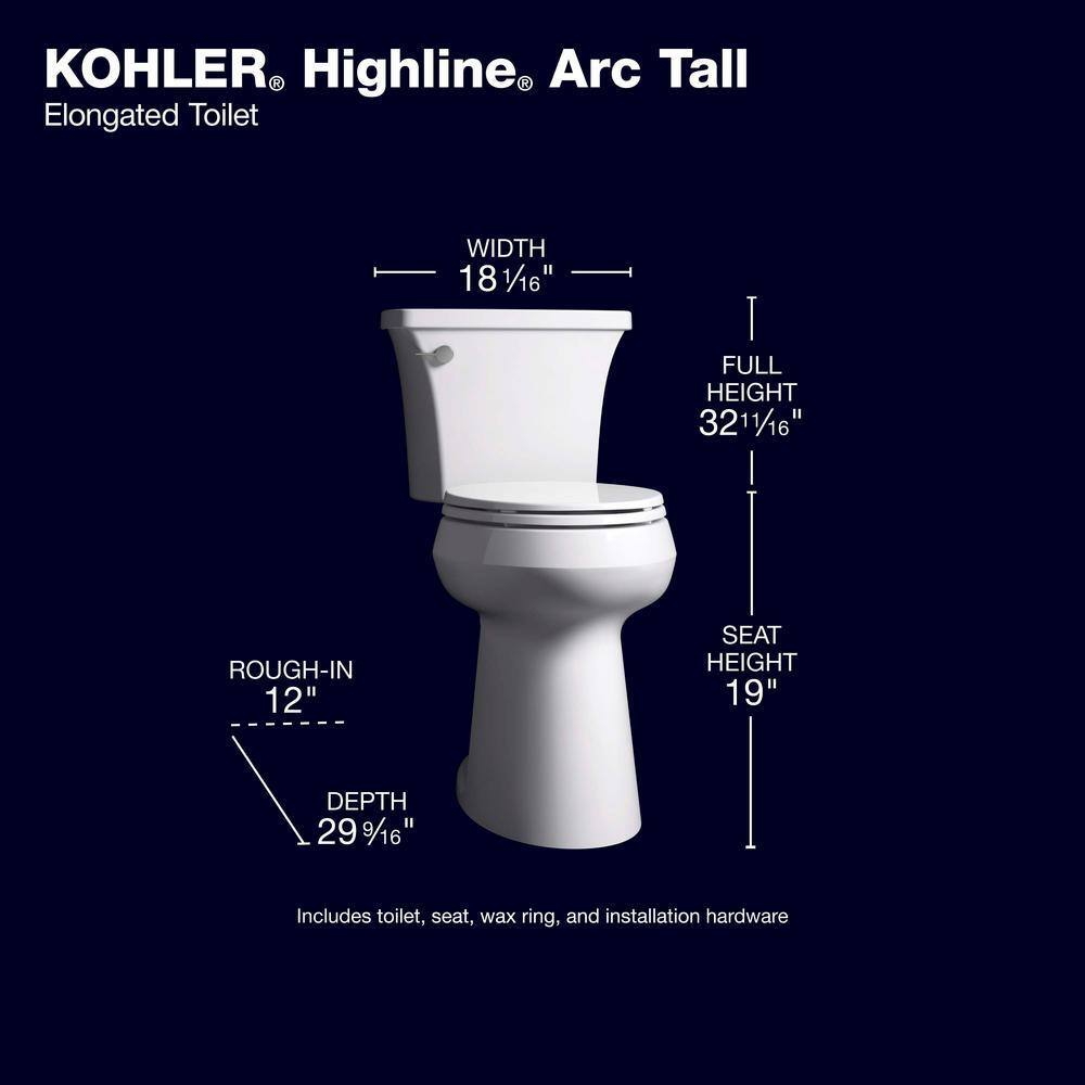 Toilette allongée extra haute KOHLER Highline Arc 2025, 1,28 gallons par chasse d'eau, blanche avec siège