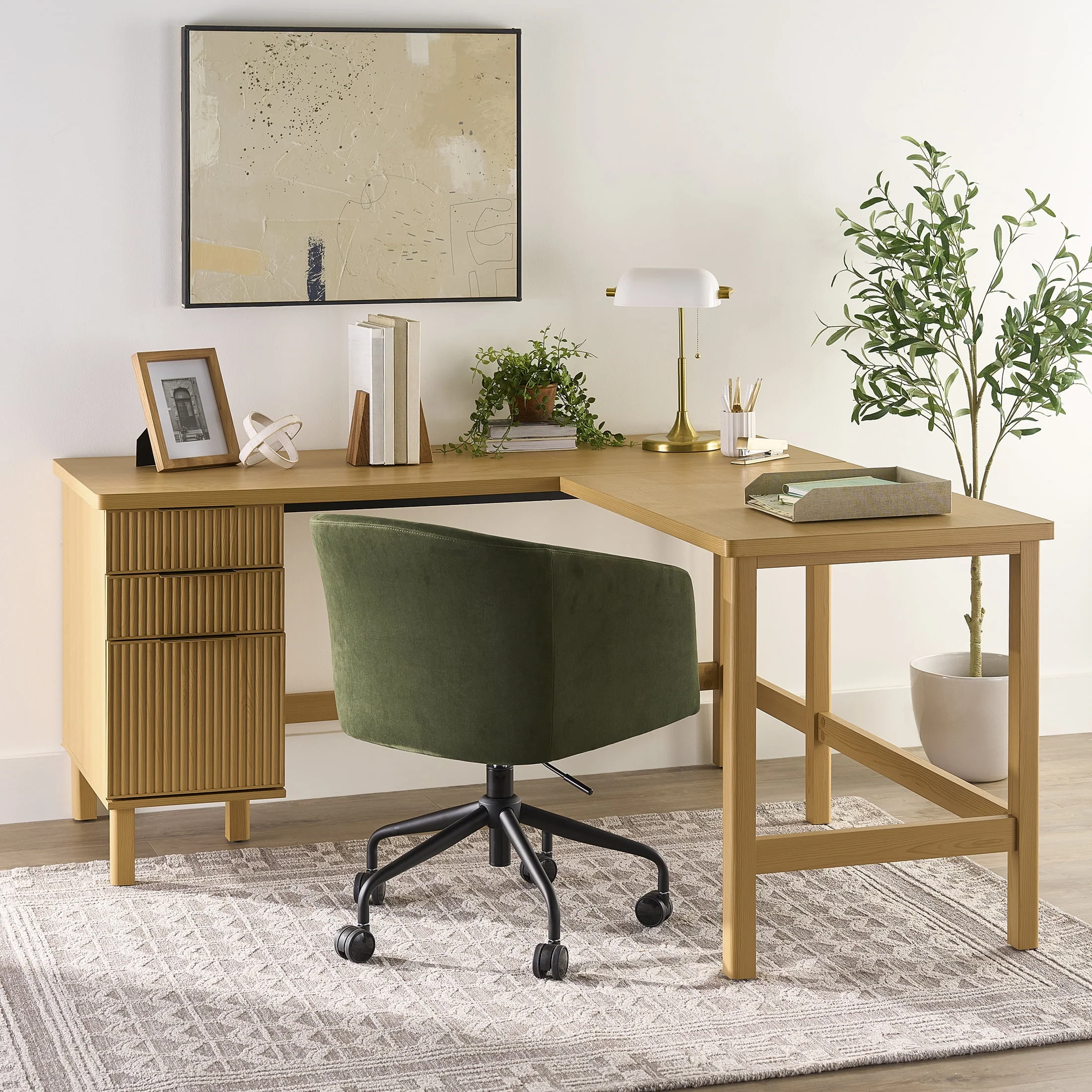 Better Homes & Gardens Lillian Fluted L-Shape Desk, Natural Pine Finish