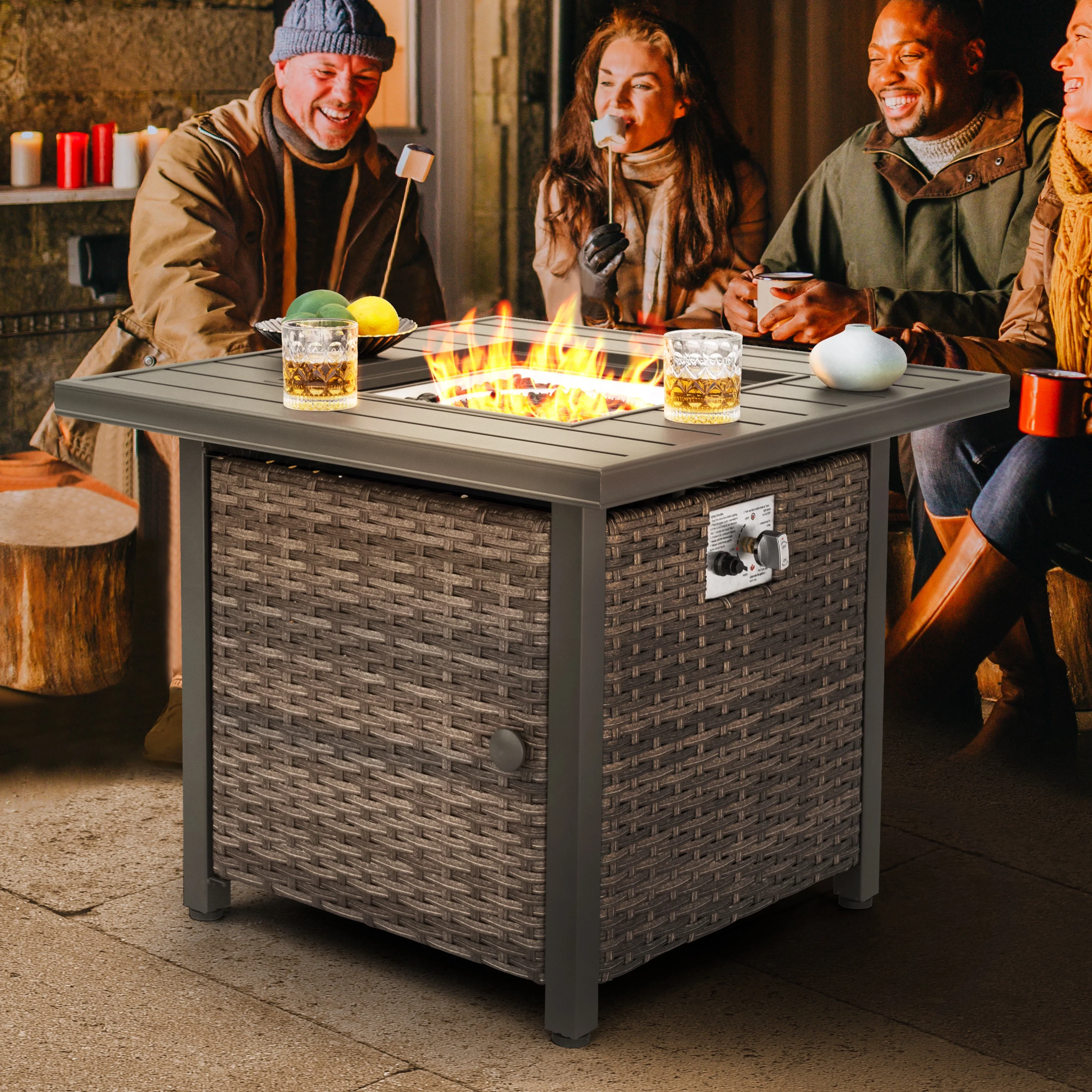 Nuu Garden Square 30 Outdoor Propane Fire Pit Table, 50,000 BTU Gas Fire Pit with Lid, Hand-Woven Wicker, with Glass Beads and CSA Certification