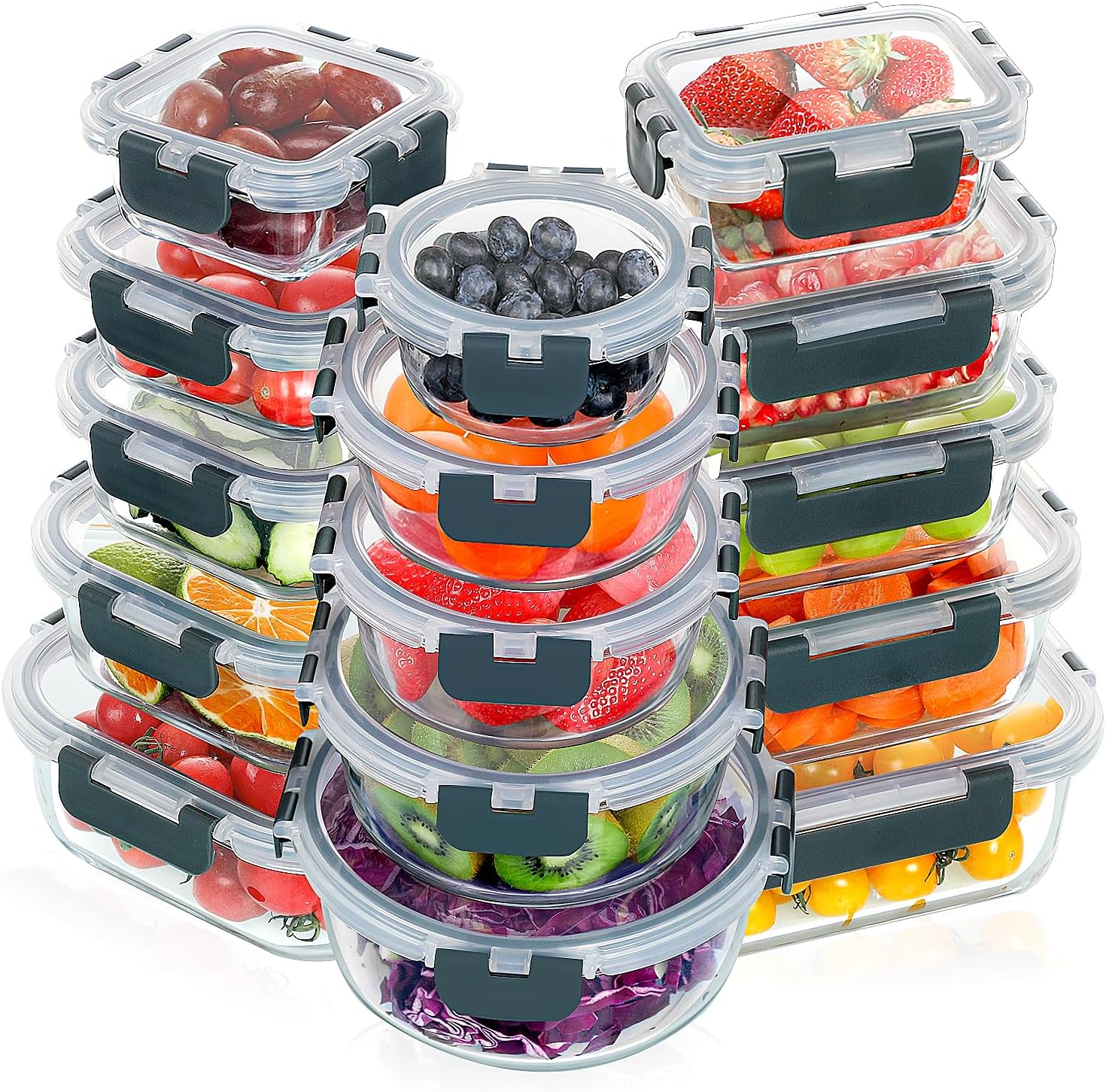 VERONES 30 Pieces Glass Food Storage Containers Set with Lids, Grey