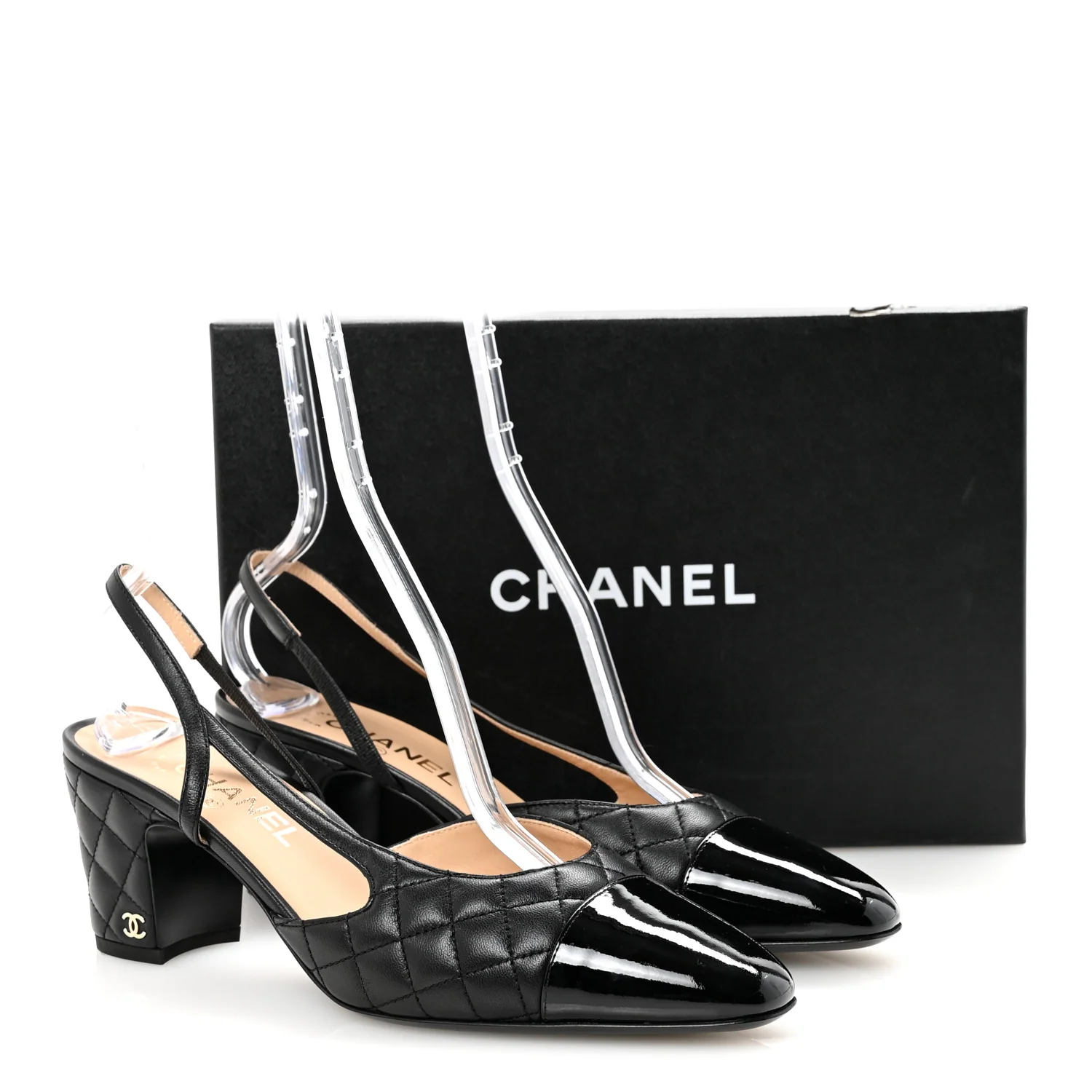 Lambskin Patent Calfskin Quilted Cap Toe CC Slingback Pumps 41 Black
