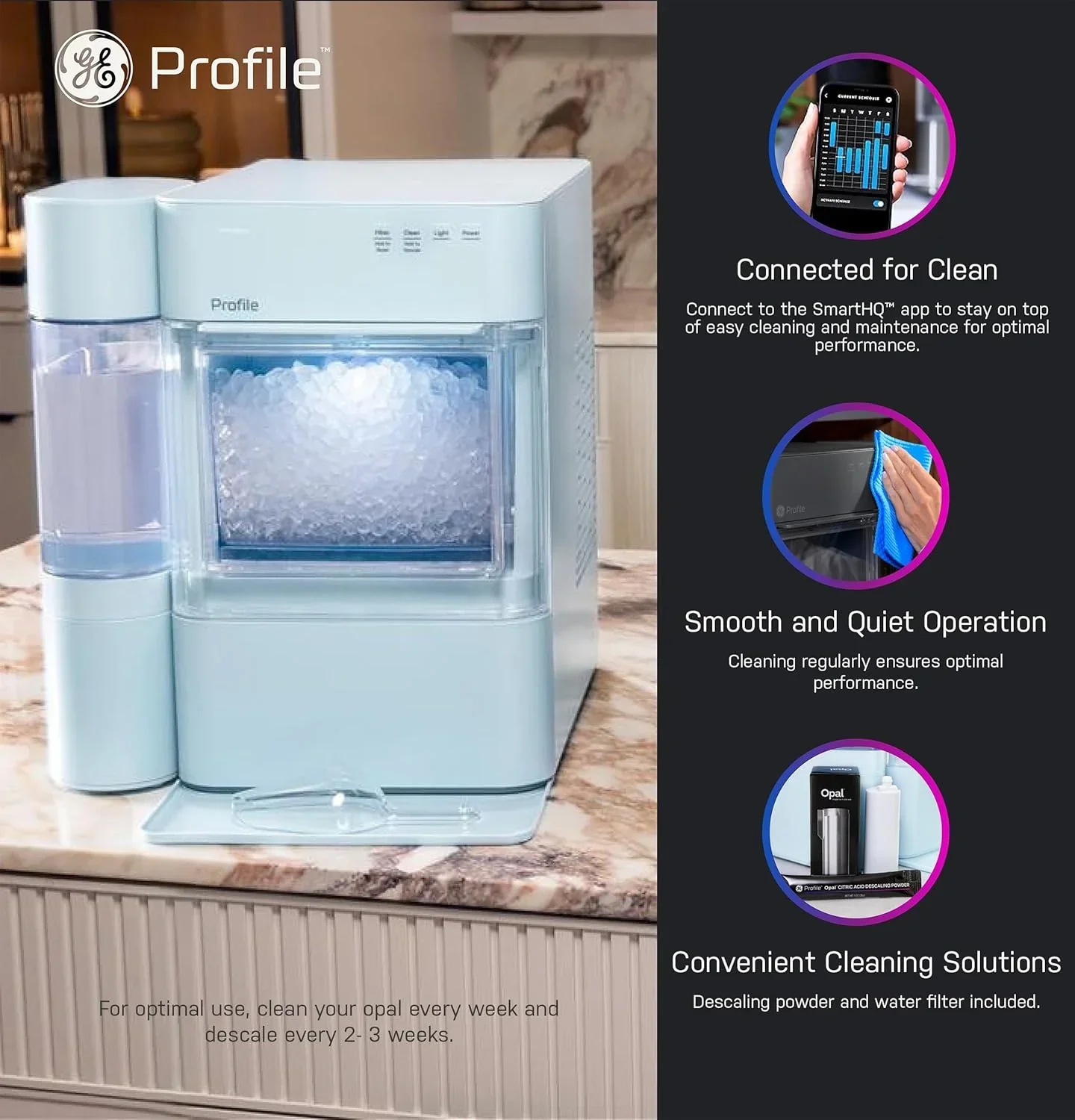 Machine à glaçons GE Profile Opal 2.0 XL avec réservoir de 3,8 litres (1 gallon) et glaçons en pépites croquantes à croquer.