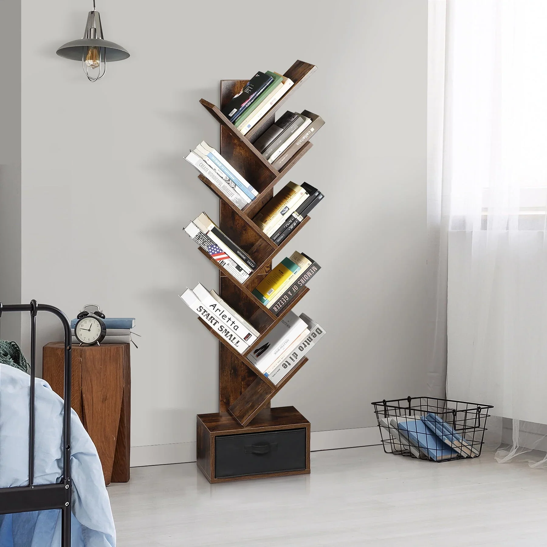 HomGarden 9 Tier Tree Bookshelf Modern Storage Rack Floor Bookcase W/Drawer, Rustic Brown