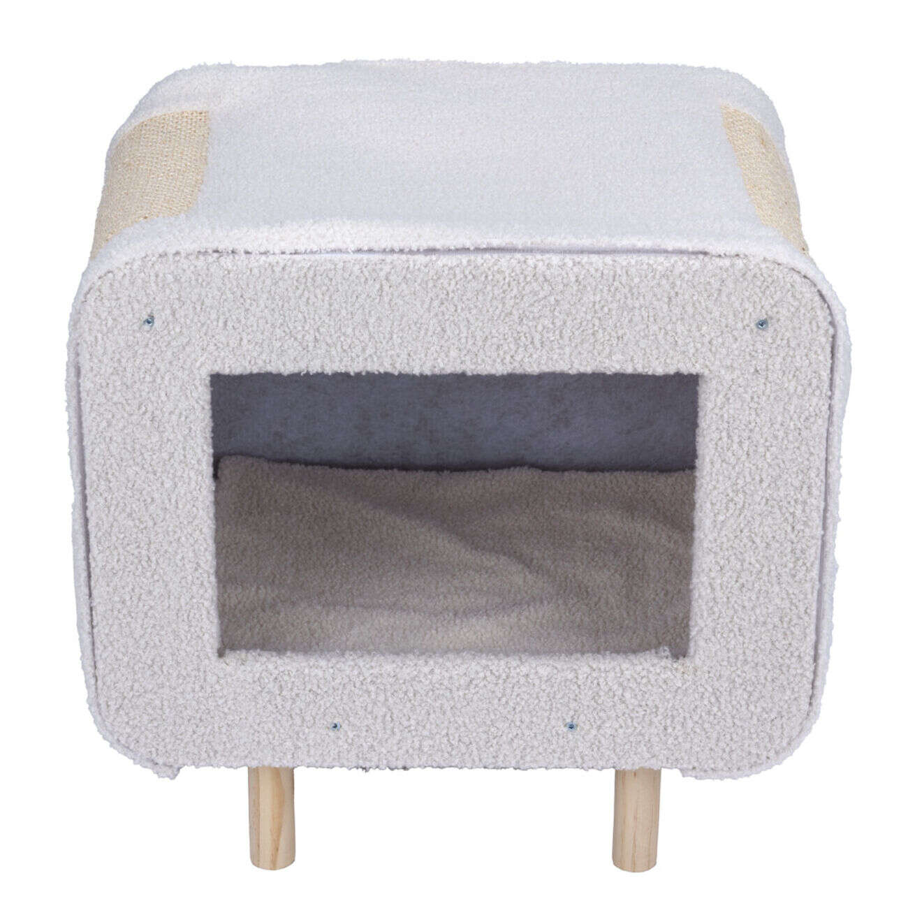 Niche pour chat ou chien en bois et tissu beige avec grattoir 48x48xH38cm