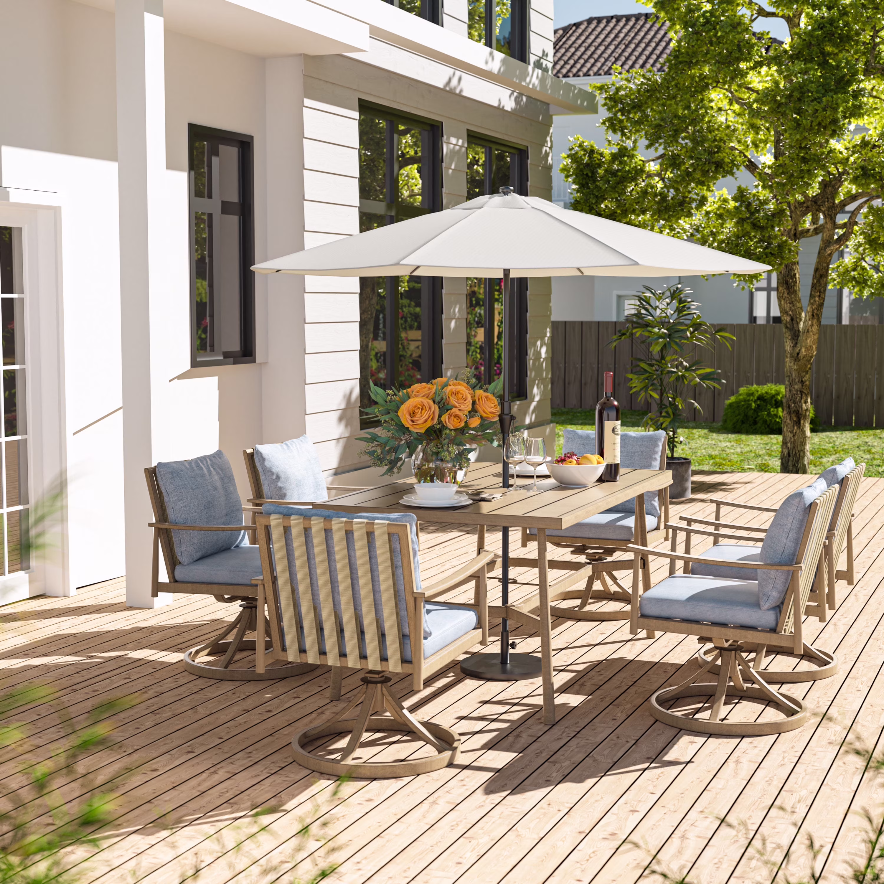 7-Piece Outdoor Dining Set for 6, Aluminum Patio Dining Set Includes 6 Dining Chairs and 1 Large Rectangular Table with Umbrella Hole, Patio Furniture Set for Lawn, Porch, Backyard, Grey(7PCS / Leg Chair/Gray) - Image 3