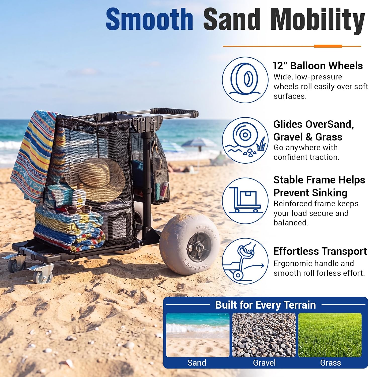 Beach Cart with 13'' Balloon Wheel for Sand