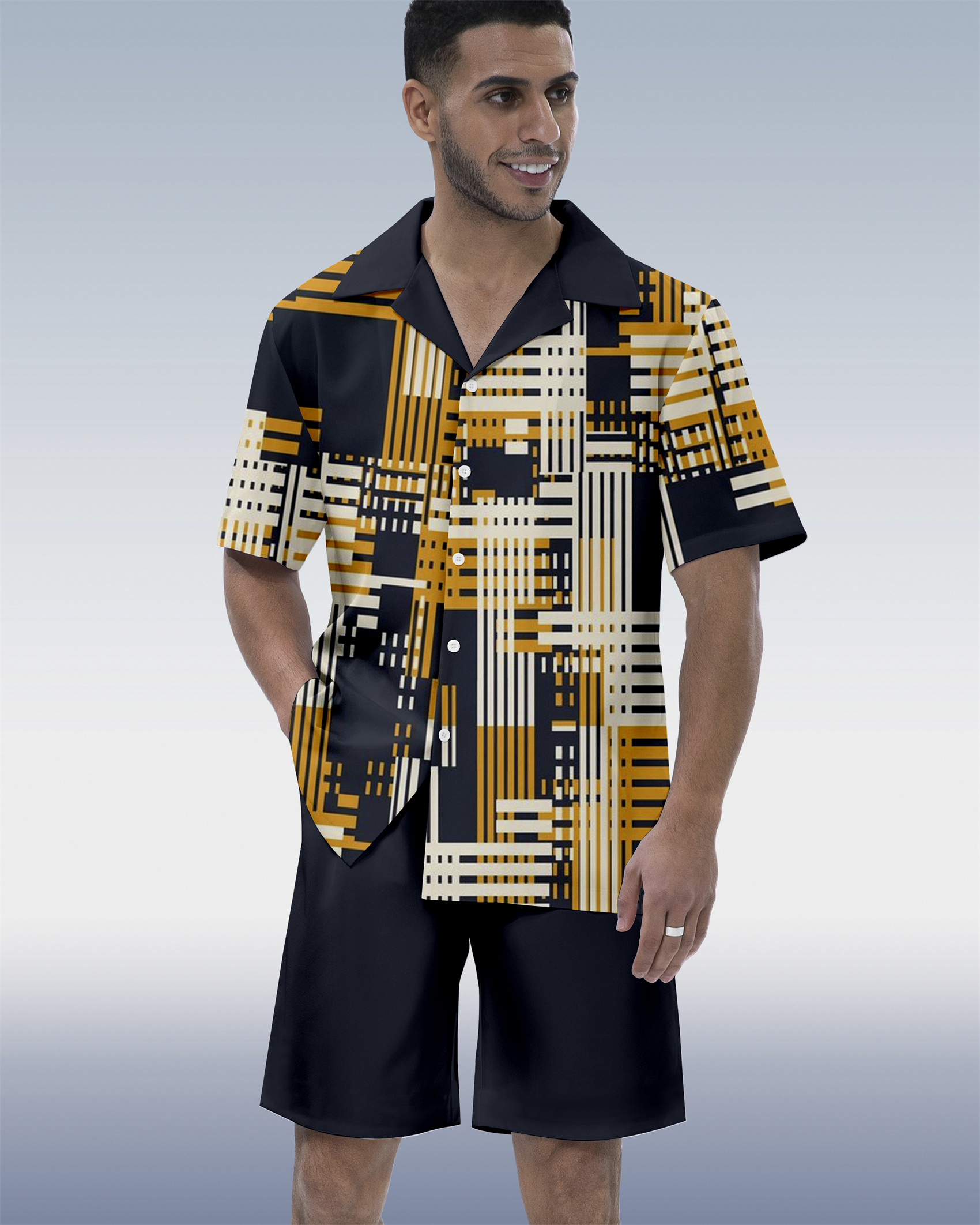 Ensemble chemise à manches courtes et col cubain pour homme, idéal pour les vacances au bowling (réf. 064)
