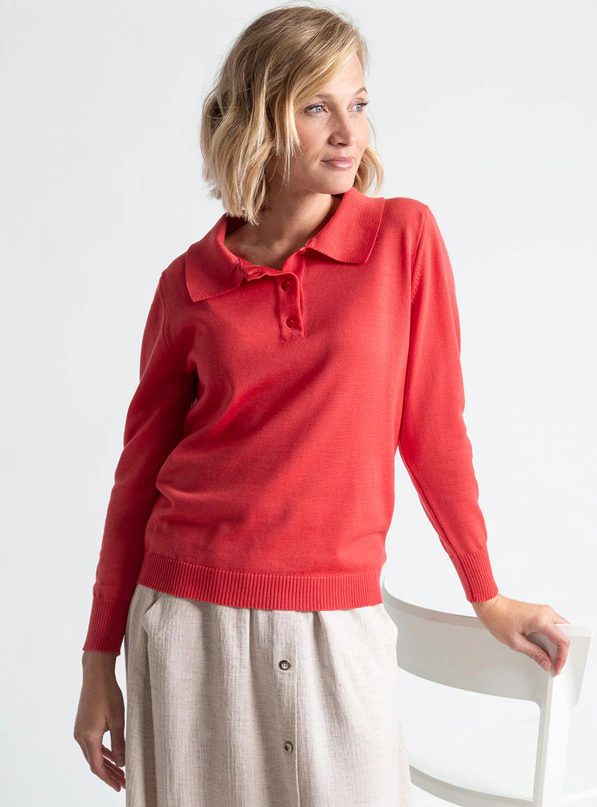 Pull femme col polo en laine rouge lumineux