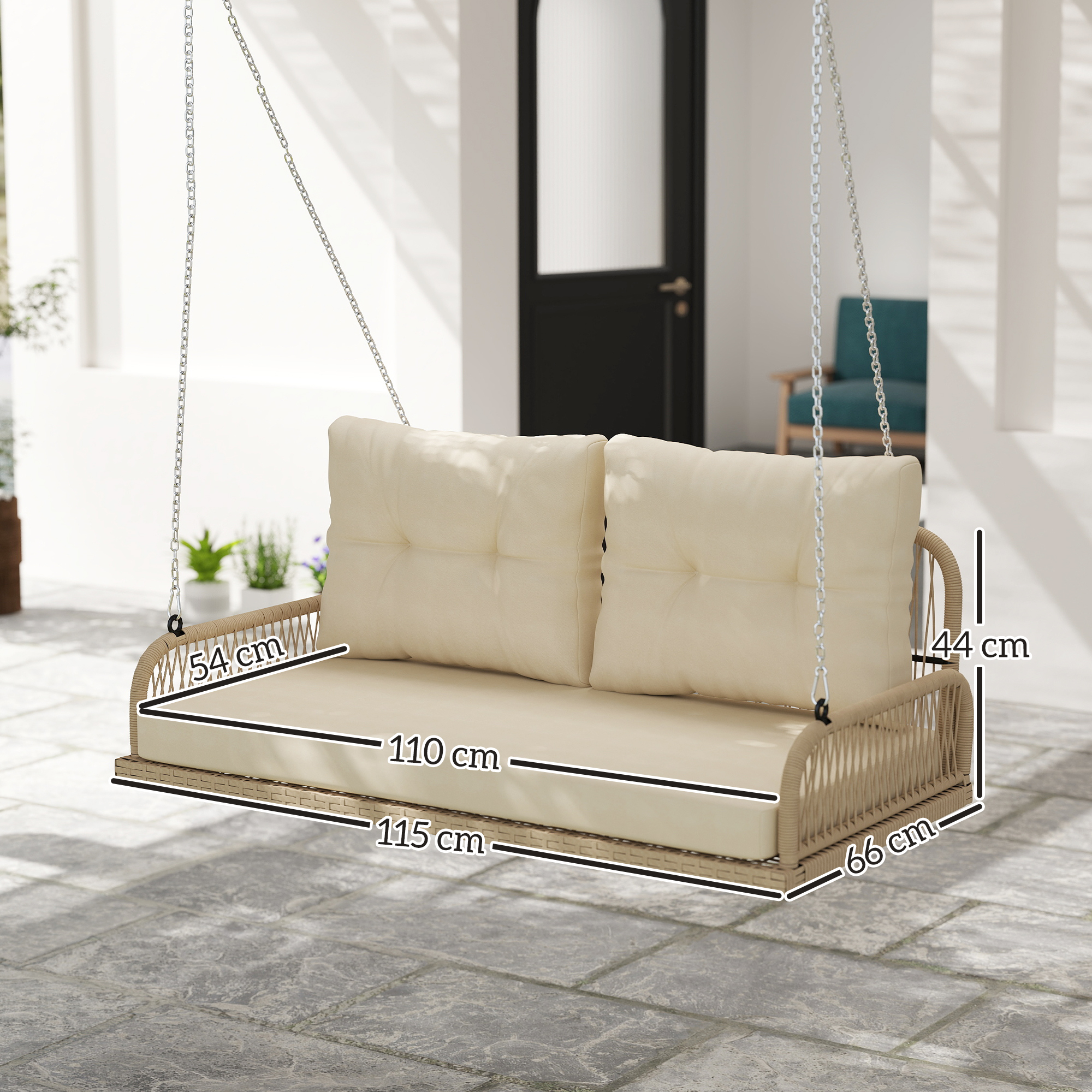 Outsunny Hollywoodschommel 2-Zits Rattan Tuinschommel met Kussens Ketens Tot 240 kg 115 x 66 x 44 cm Beige
