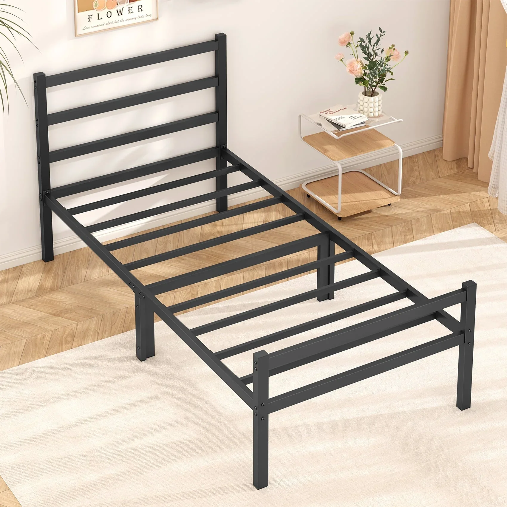 Mr IRONSTONE Heavy Duty Twin Size Metal Platform Bed Frame with Headboard and Footboard 14 High Under Bed Storage Space, No Box Spring Needed, Black
