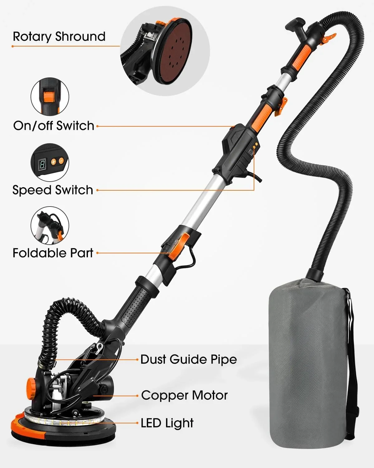 Electric Drywall Sander with Vacuum Dust Collection, Variable Speed, LED Light, Foldable Handle, Includes Sanding Discs & Grids for Home & Professional Use
