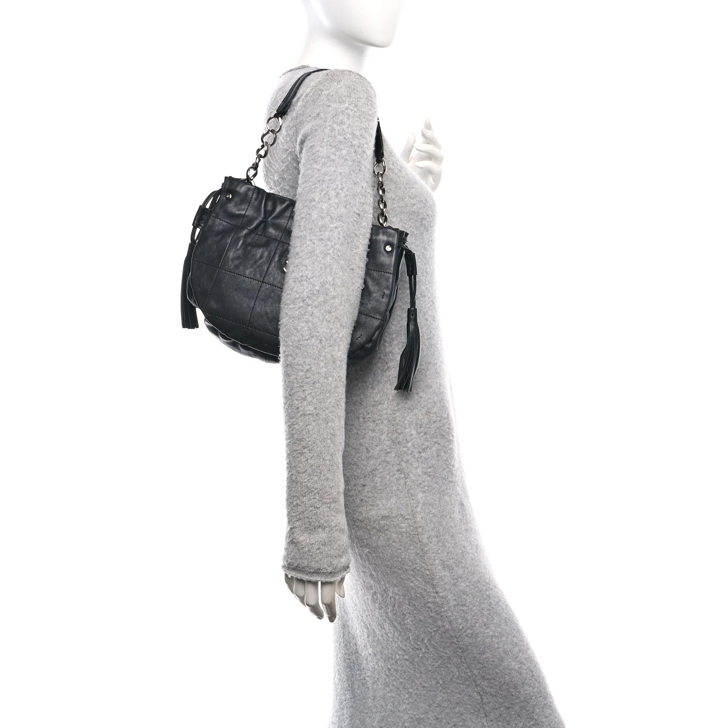 Lambskin Stitched Chocolate Bar Chain Fringe Hobo Black