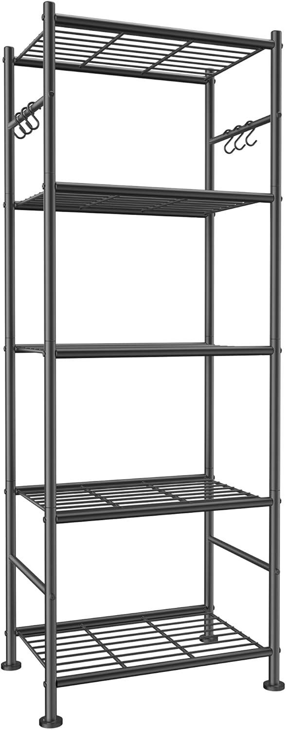 Sakugi 5-Tier Storage Rack Organizer with Hooks, Heavy Duty Metal Garage Rack with Leveling Feet, Freestanding Utility Rack for Bedroom, Balcony and Garage, 18.1