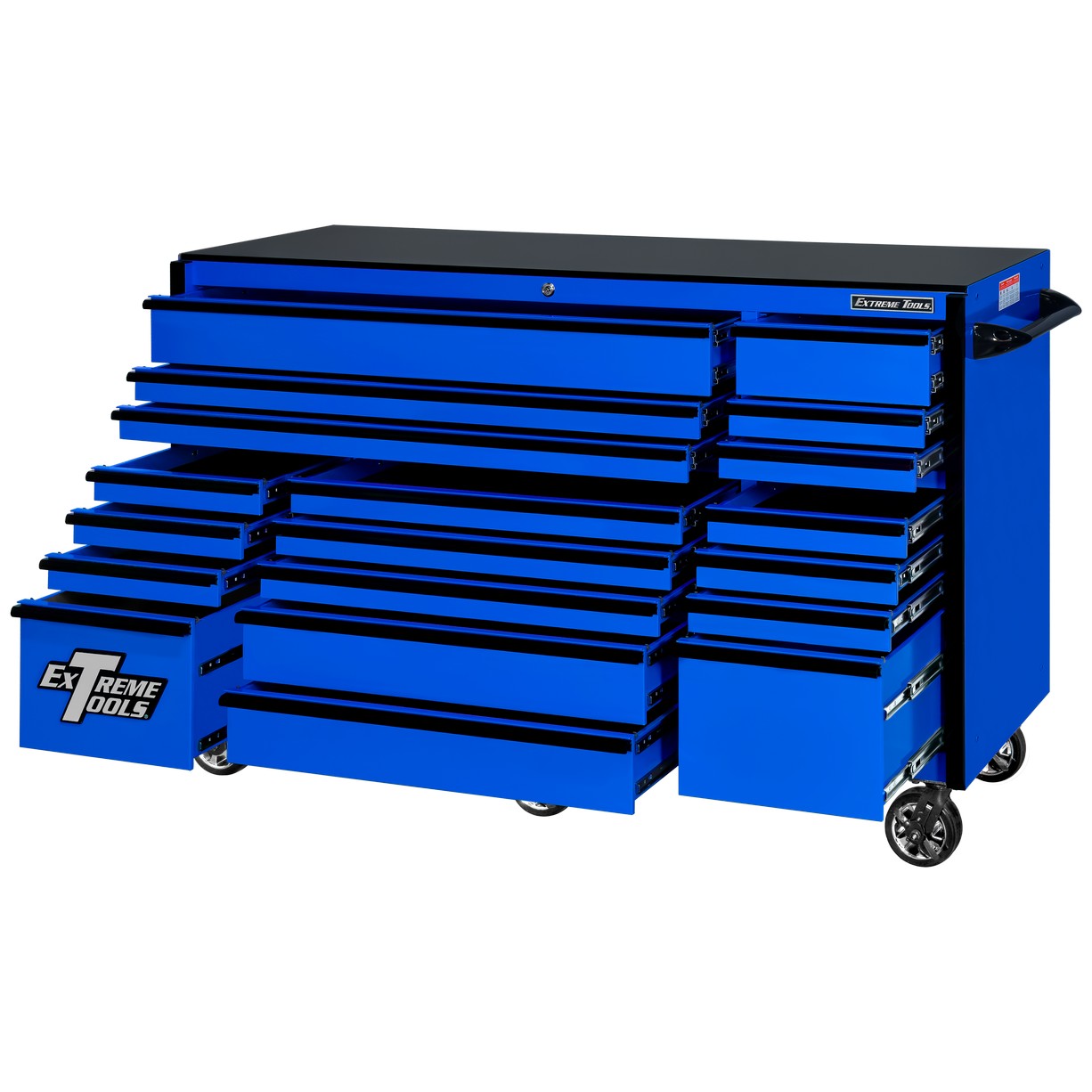 Servante d'atelier à roulettes Extreme Tools 72″ x 30″, 19 tiroirs avec glissières de 113 kg (250 lb), série RX 250