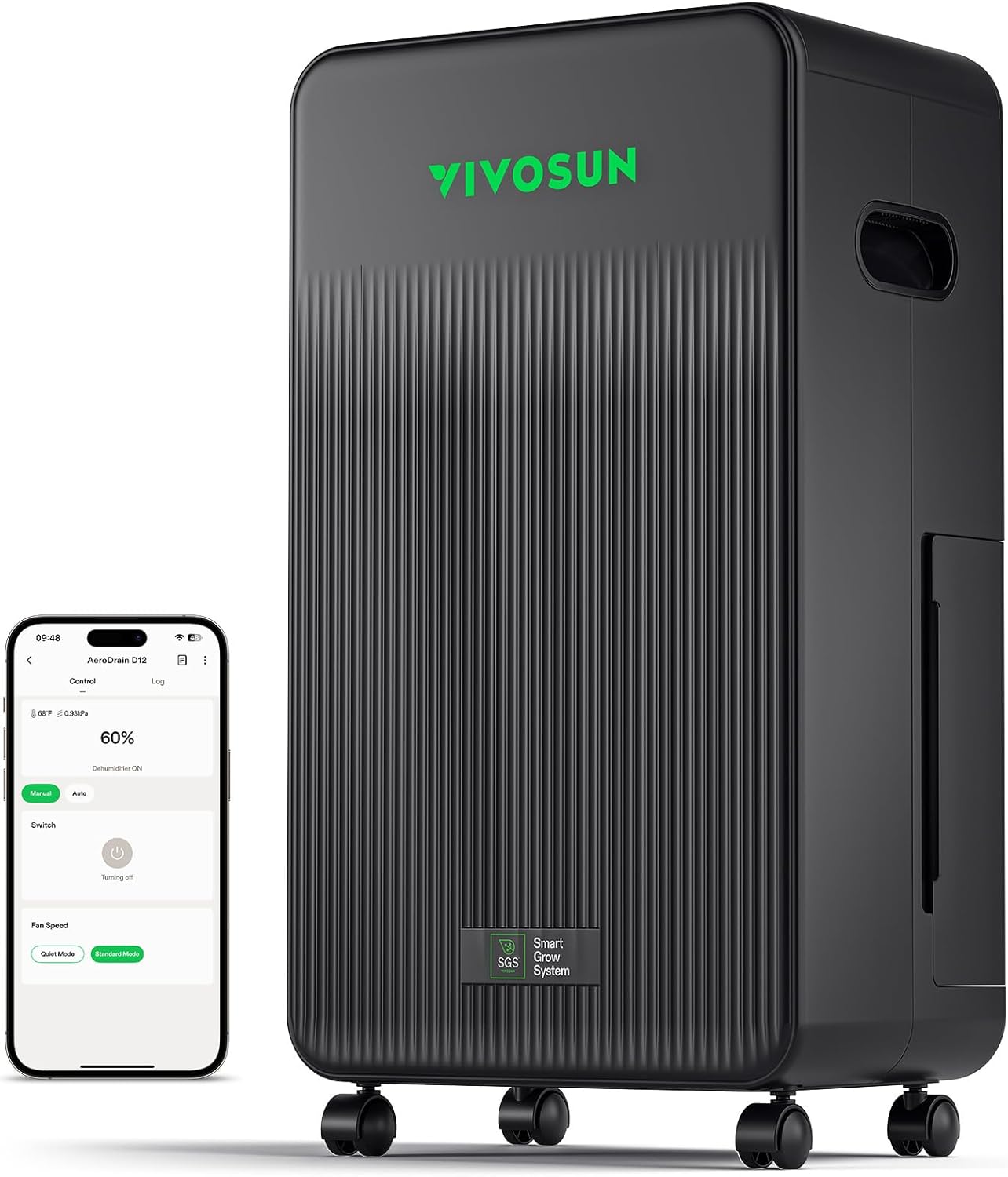 VIVOSUN AeroDrain D12 Smart Environmental Dehumidifier, up to 12L/day, 2L Water Tank, with Temperature & Humidity Sensor Probe, Smart Remote Control, Designed for Grow Tents