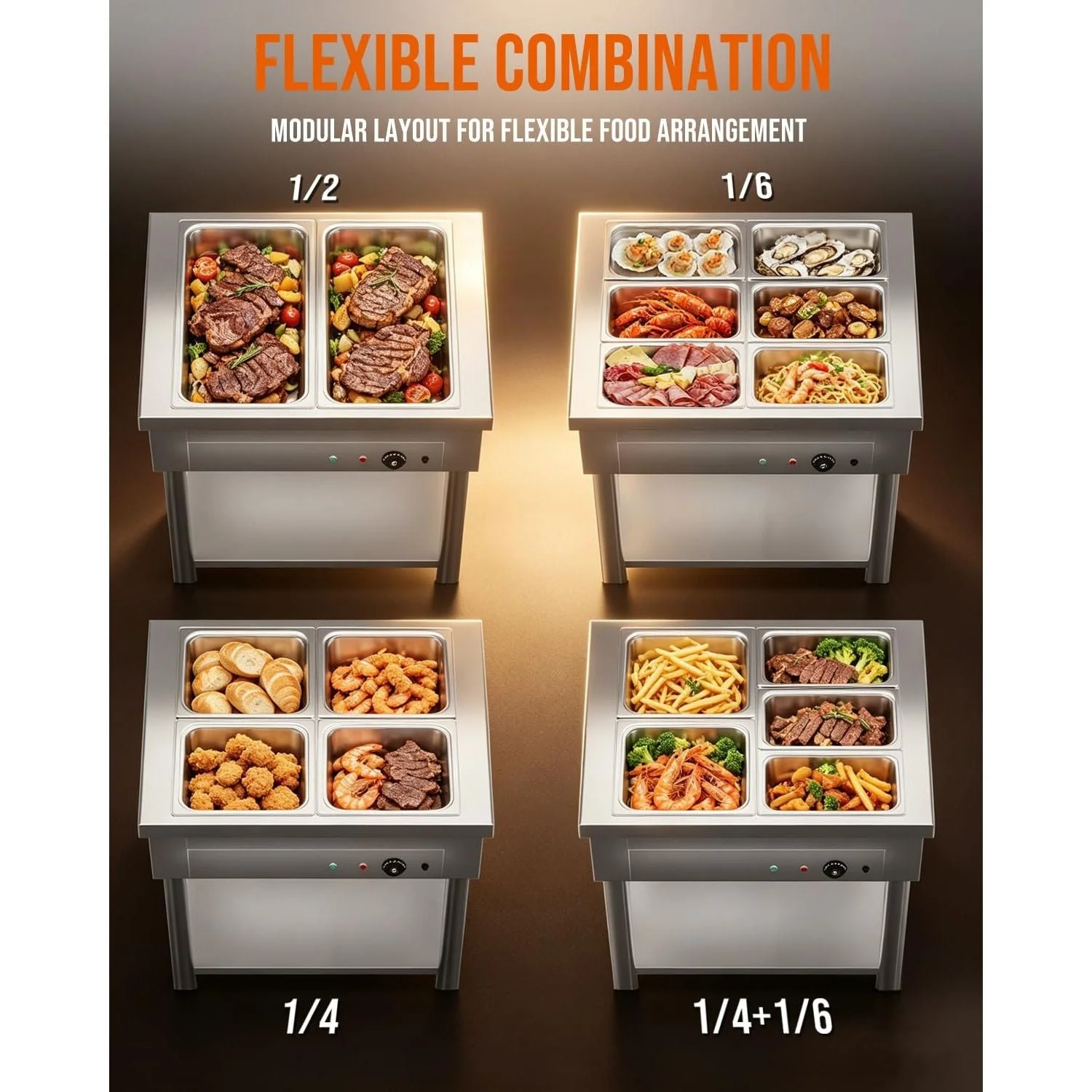 AECOJOY Commercial Food Warmer 1500W Electric Steam Table with 6x6QT Pans & Shelf