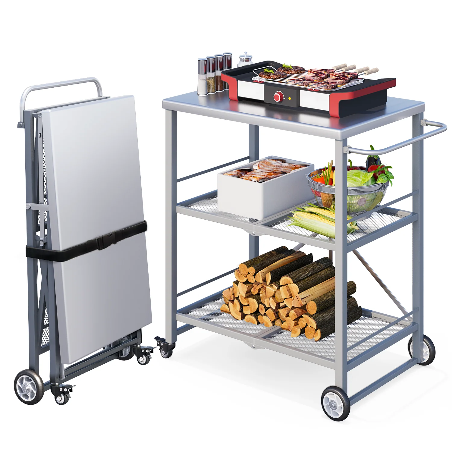 AECOJOY Outdoor Grill Cart Table, Stainless Steel Pizza Oven Stand Trolley Table with Wheels & Handle, Grey