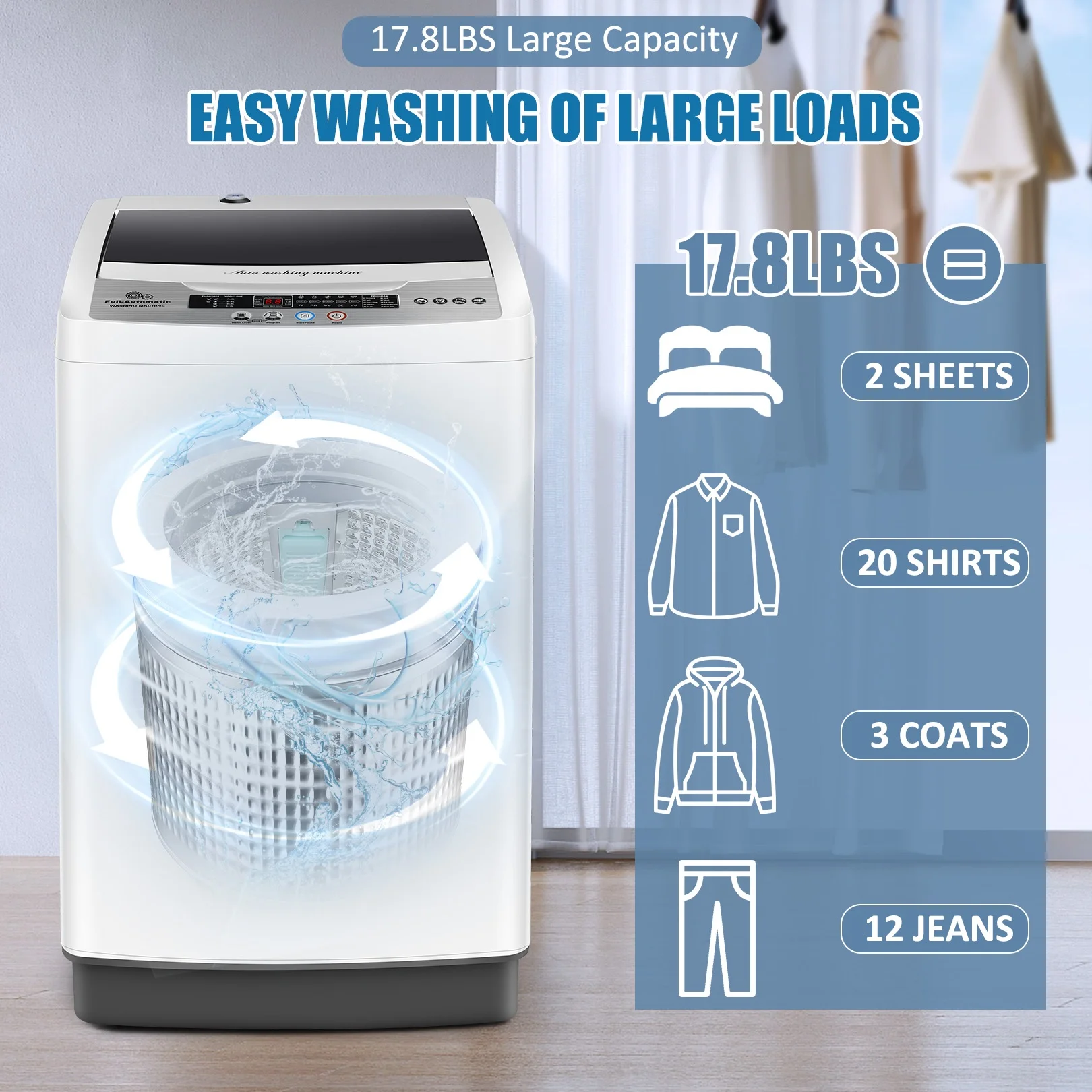 Qhomic Portable Washing Machine, 17.8 lb Large Fully - Automatic Laundry Washer, 10 Washing Programs & 8 Water Levels Selections Machine Ideal for Apartments Dorms Families