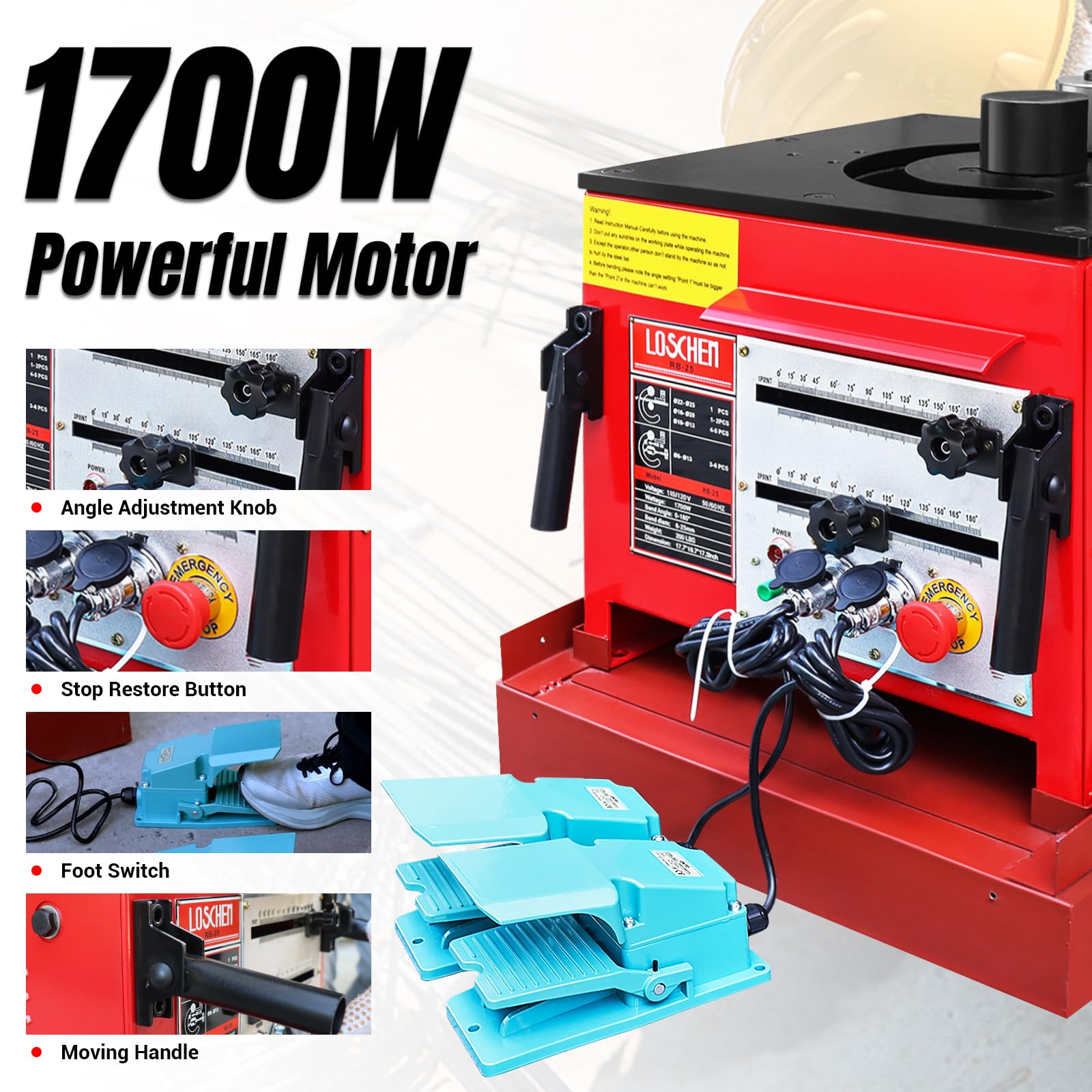 Electric Hydraulic Rebar Bender,Bending Angle 0-180 Degrees,Bending up to 1 Inch #8 6-25mm Rebar,with Foot Pedal,Bending Rebar, Steel Bar, Steel Rod,1700W Desktop Electric Rebar Bender