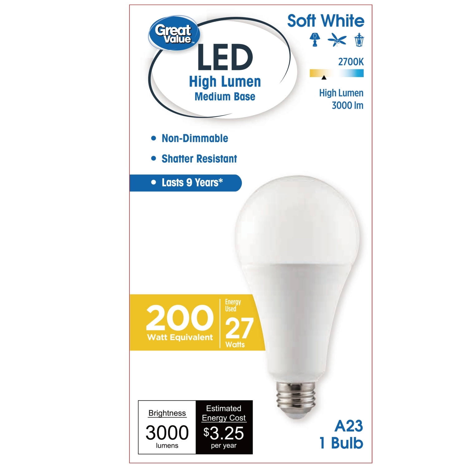 Great Value 200 Watt LED A23 Bulb, Soft White - 1 Each