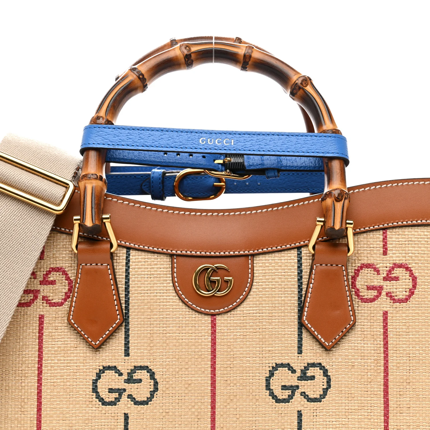 Raffia Monogram GG Jacquard Medium Diana Tote Bag Natural Red Green Modern Blue