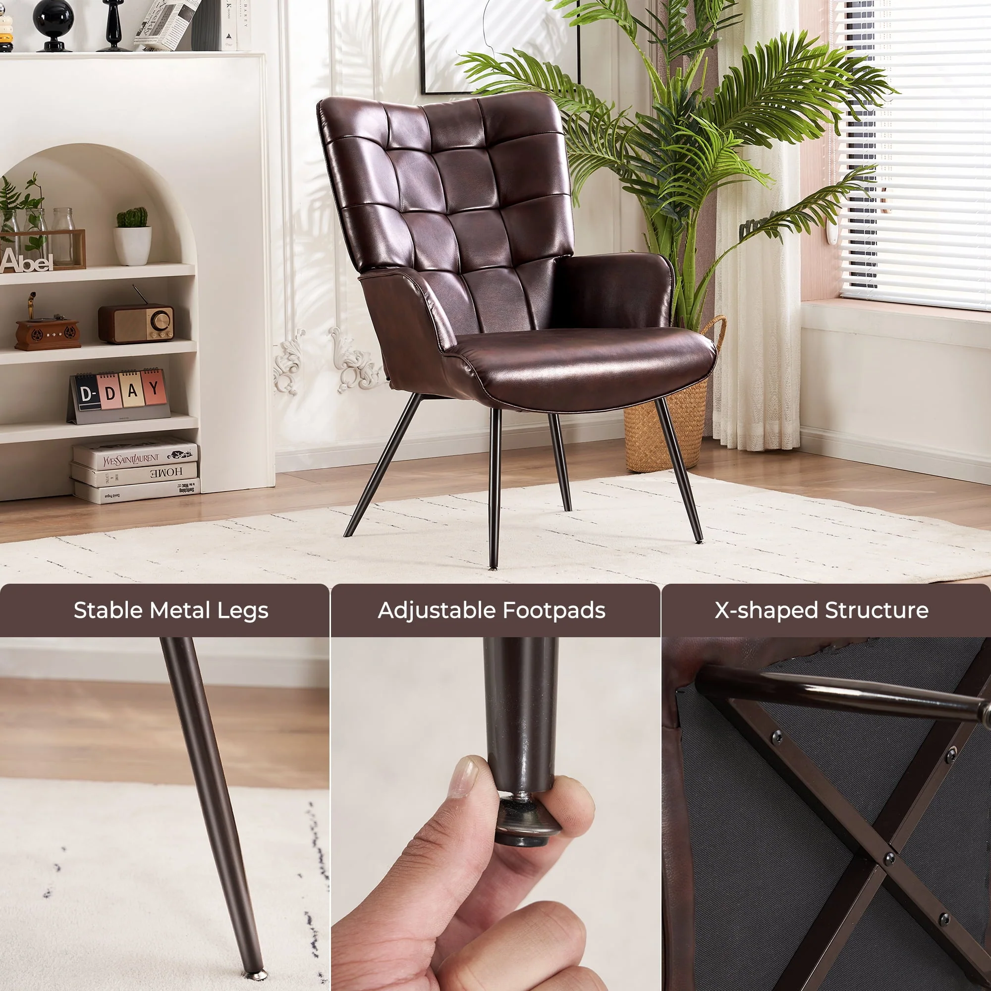 Livingroom Chair Modern Accent Chair, Faux Leather Wingback Accent Chair PU Leather Accent Chair for Home Office/Living Room/Bedroom, Maroon(Brown) Image 4